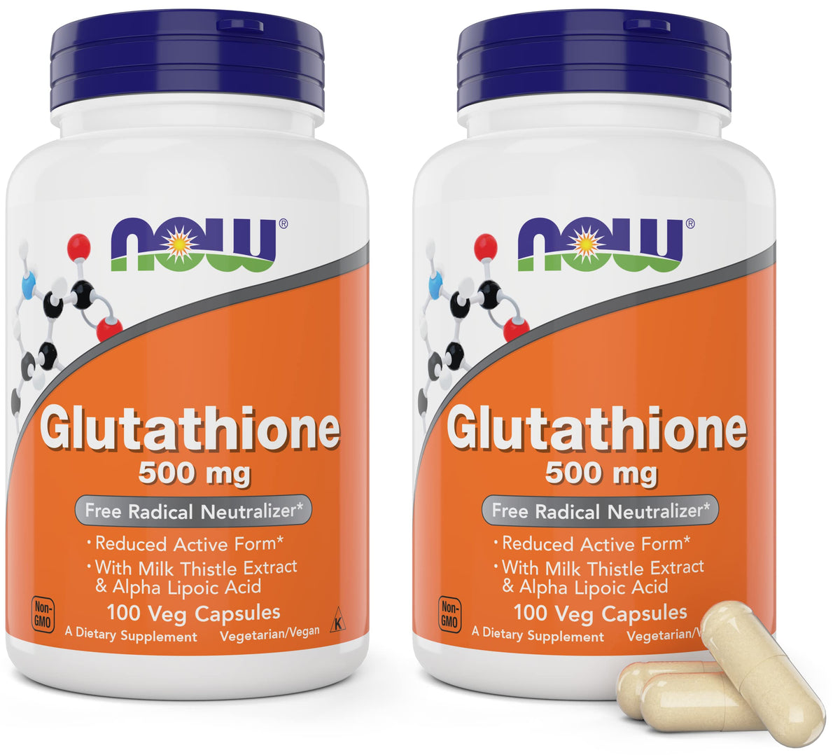 NOW Foods frasco frontal de Glutathione 500 mg mostrando etiqueta clara y beneficios