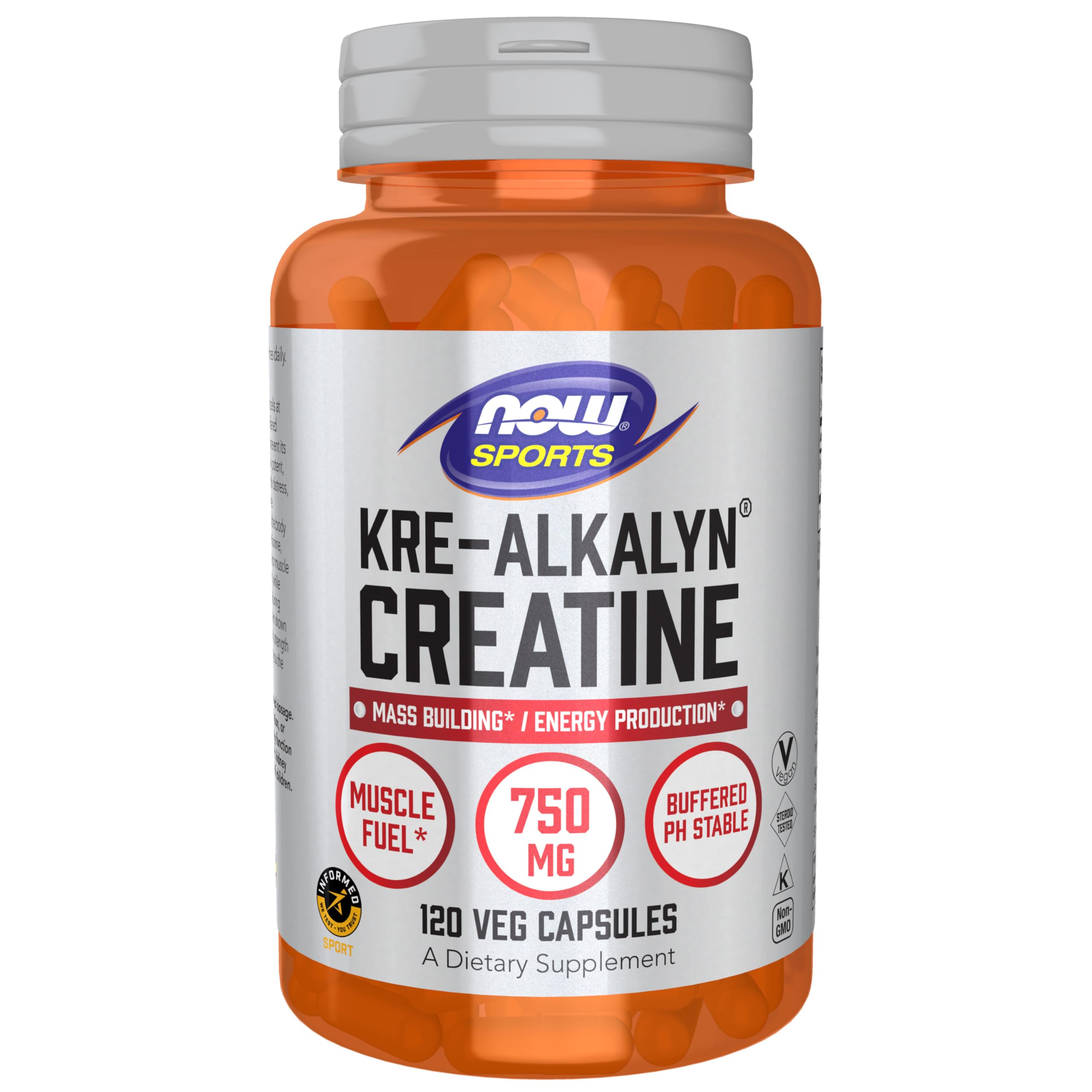 NOW Foods frasco frontal mostrando Kre-Alkalyn y beneficios claros