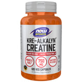NOW Foods frasco frontal mostrando Kre-Alkalyn y beneficios claros