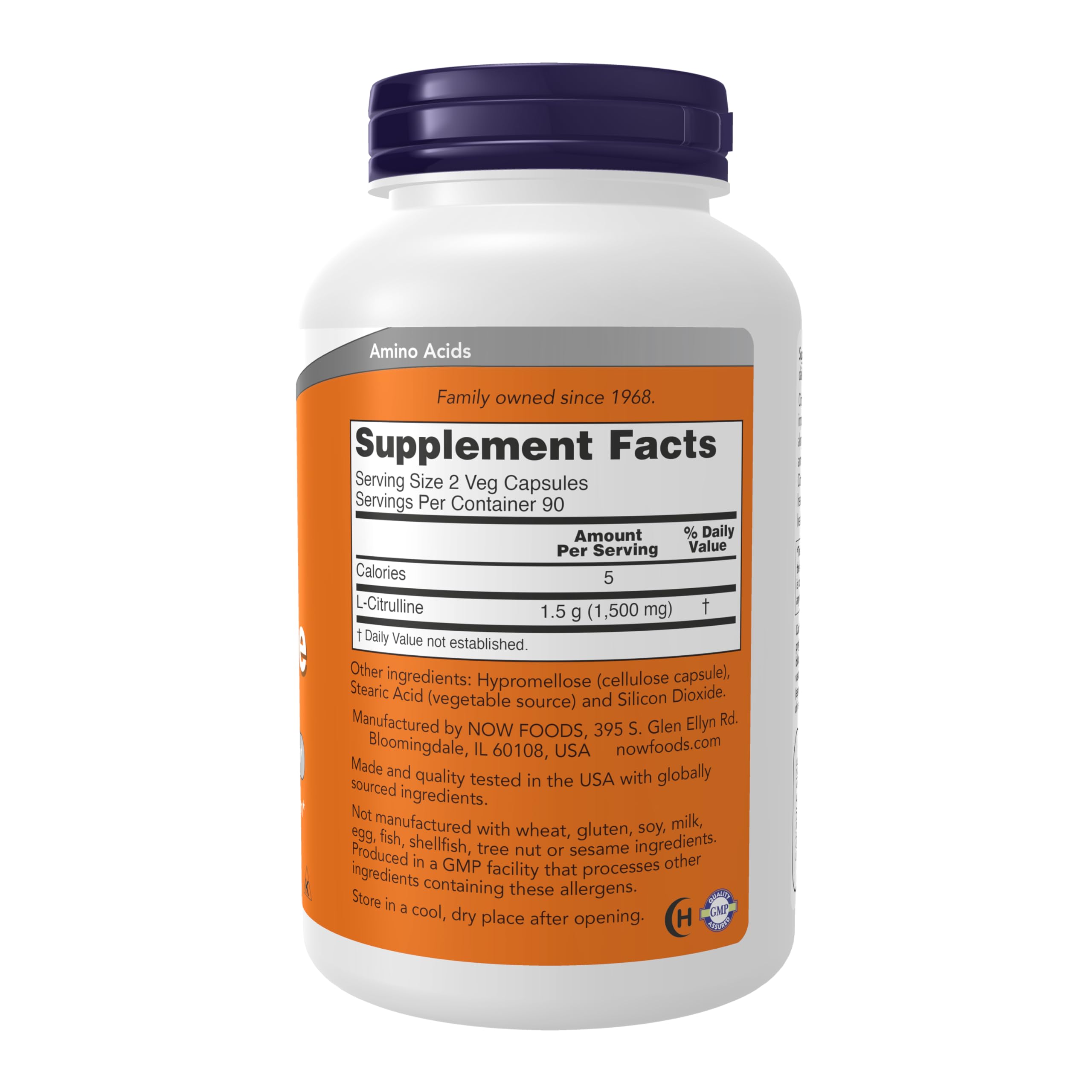 Primer plano de cápsula vegana NOW Foods L-Citrulline con textura y color natural