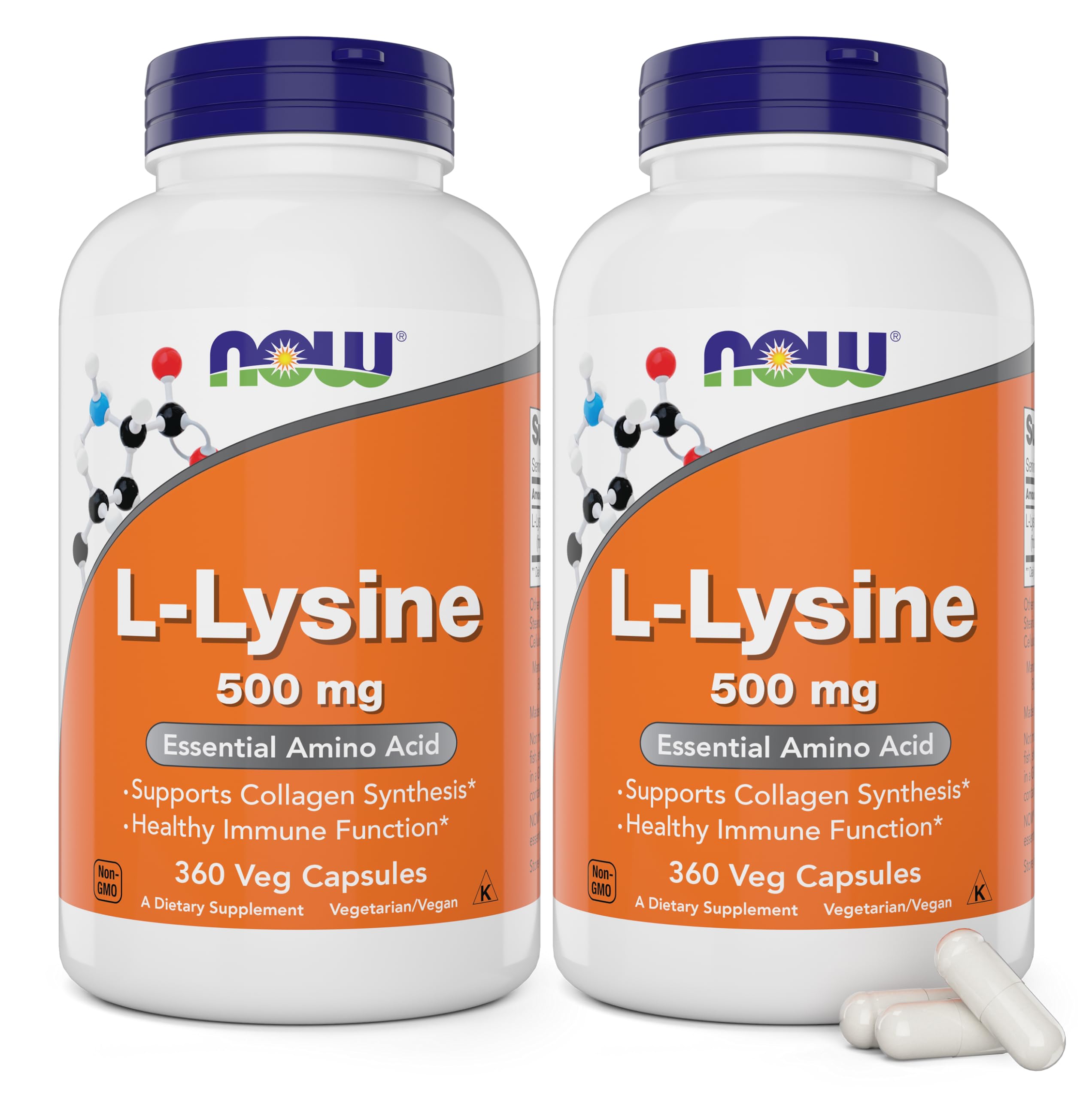 NOW L-Lysine frasco frontal mostrando la marca y cantidad, beneficio: presentación económica