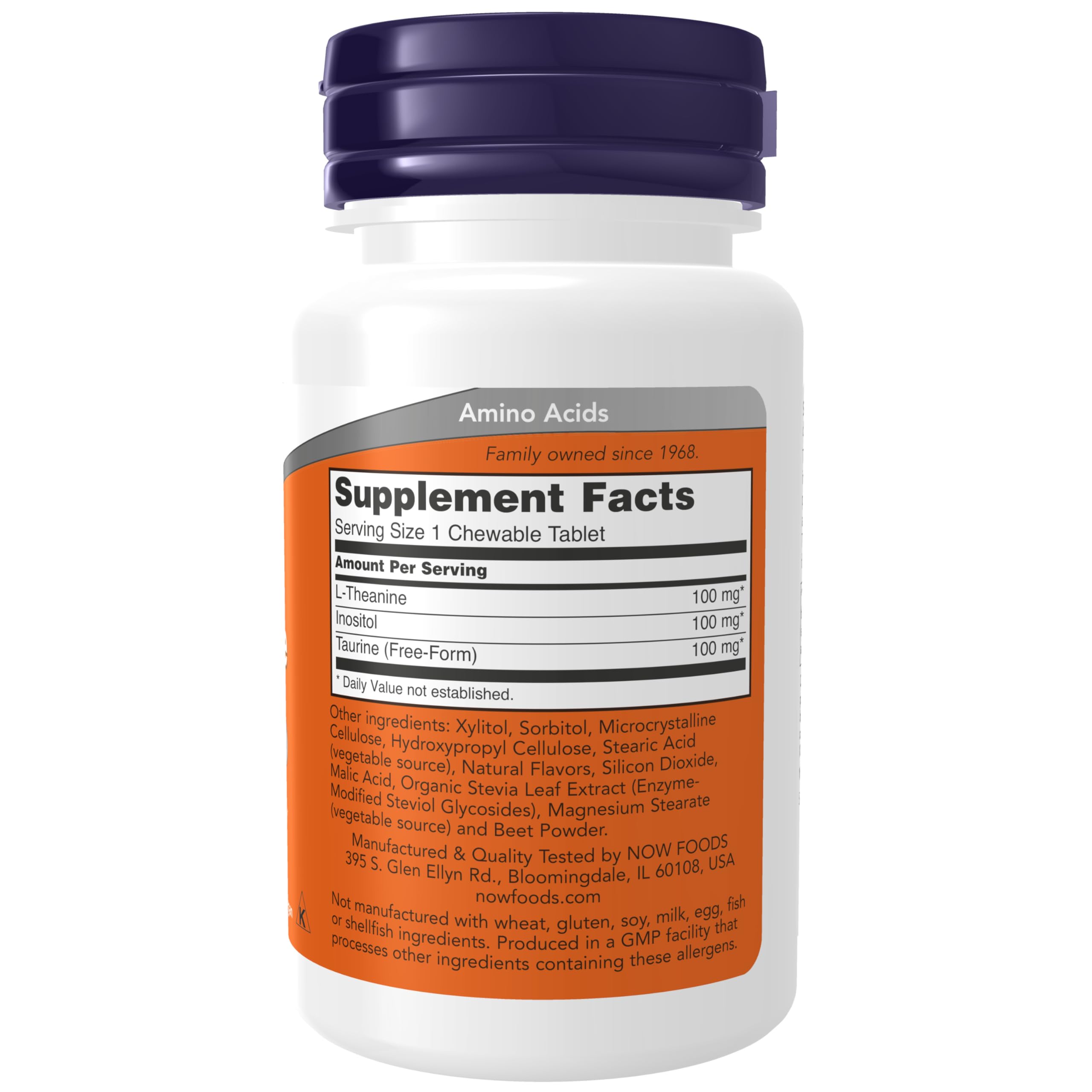 NOW Foods primer plano de tableta masticable mostrando textura y sabor frutal