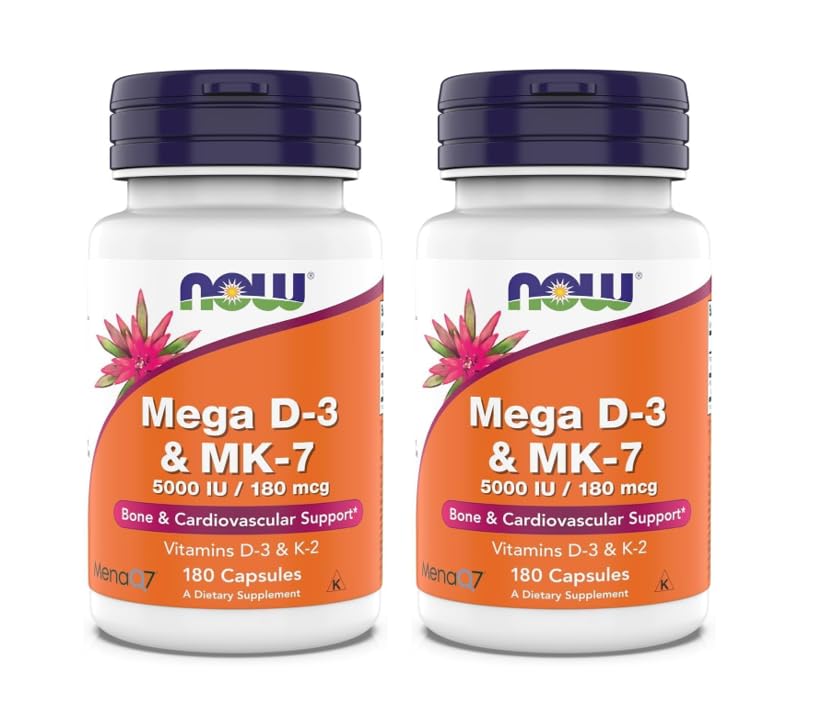 NOW Mega D-3 & MK-7 vista frontal mostrando frascos y texto claro