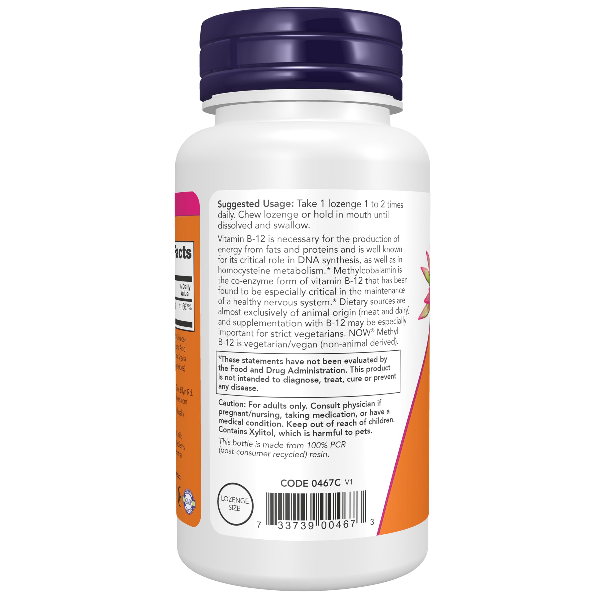 NOW Methyl B-12 pastilla en mano para mostrar tamaño y dosificación práctica