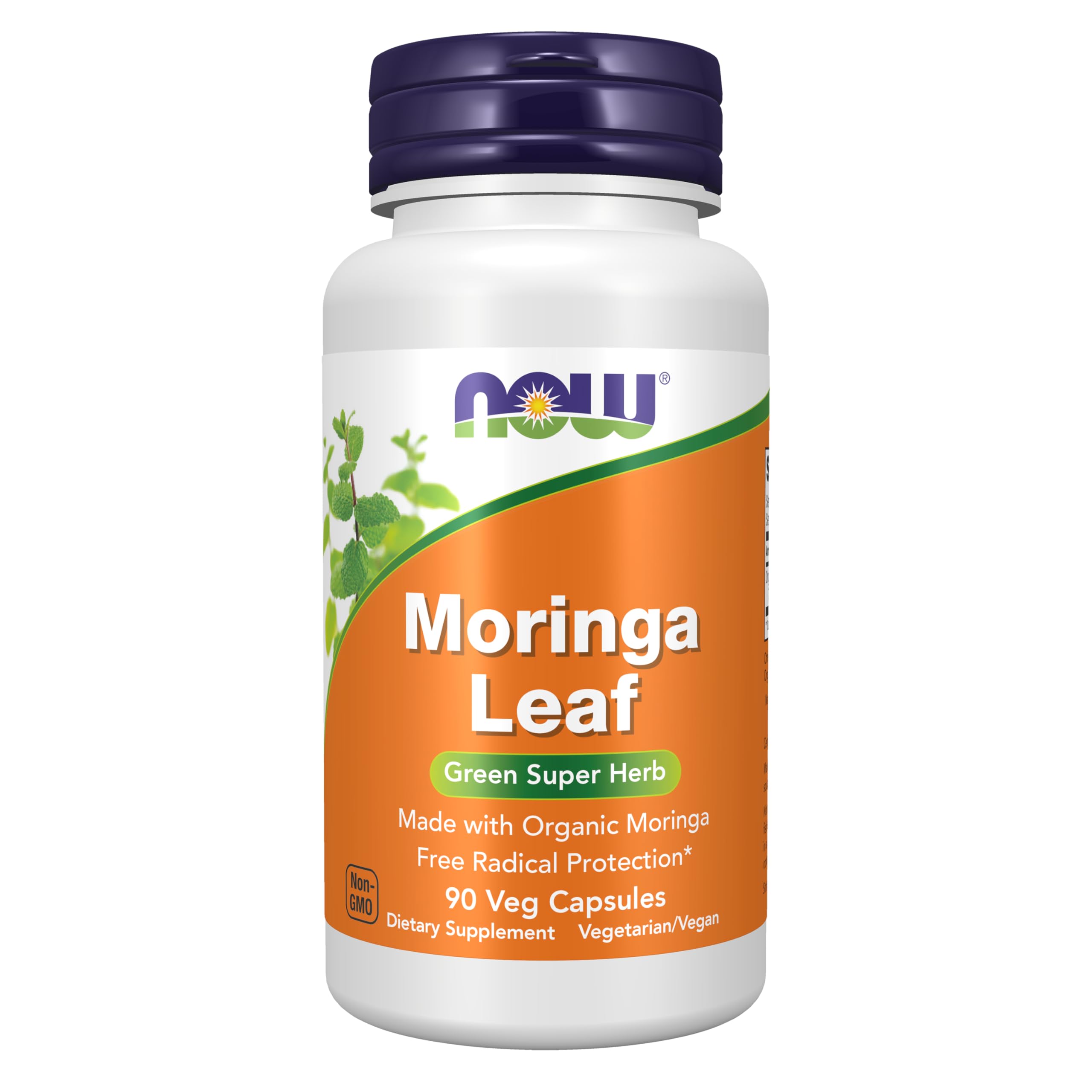 NOW Moringa frasco frontal mostrando etiqueta y certificación orgánica beneficio transparencia