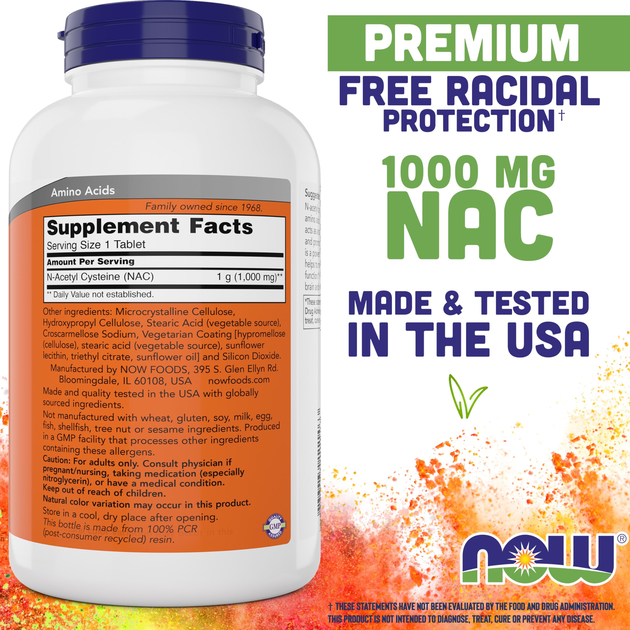 NOW Foods tableta NAC en primer plano para ver textura y forma