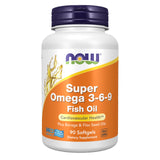 NOW Super Omega 3-6-9 frontal del envase mostrando 90 softgels y beneficios