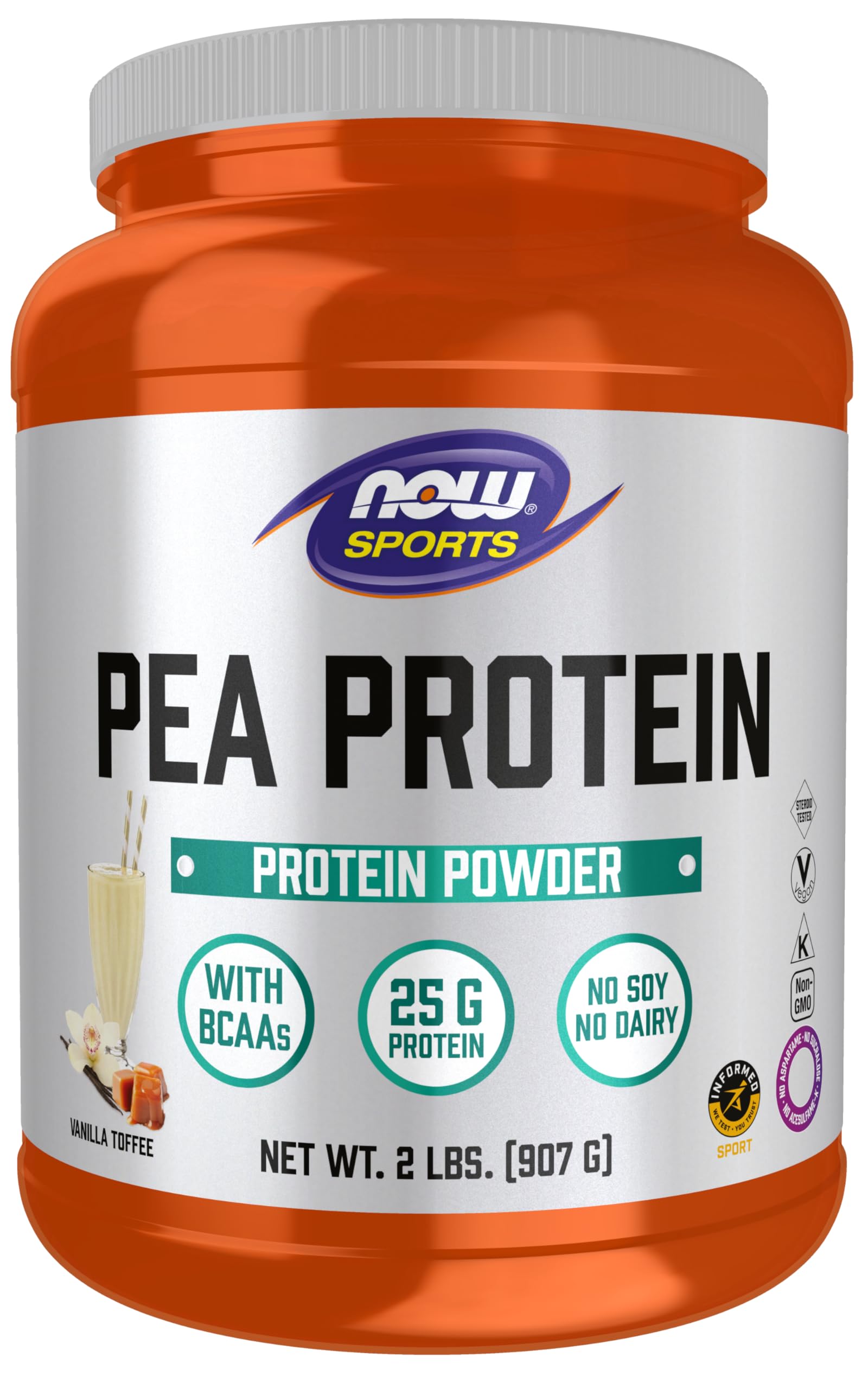 NOW Foods envase frontal de Pea Protein con información clara y beneficio vegano
