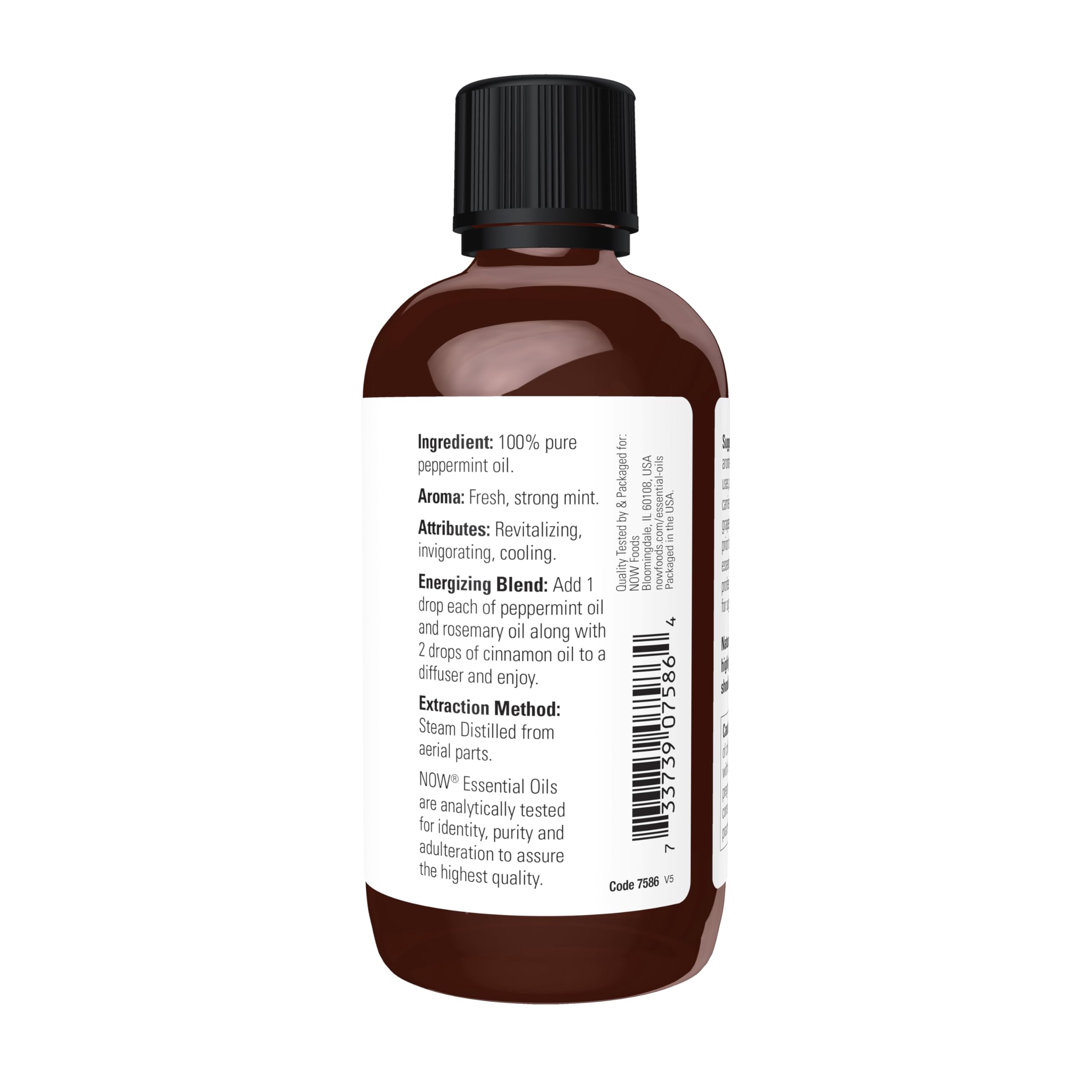 Etiqueta NOW Peppermint Oil detalle con nombre botánico y certificaciones de pureza