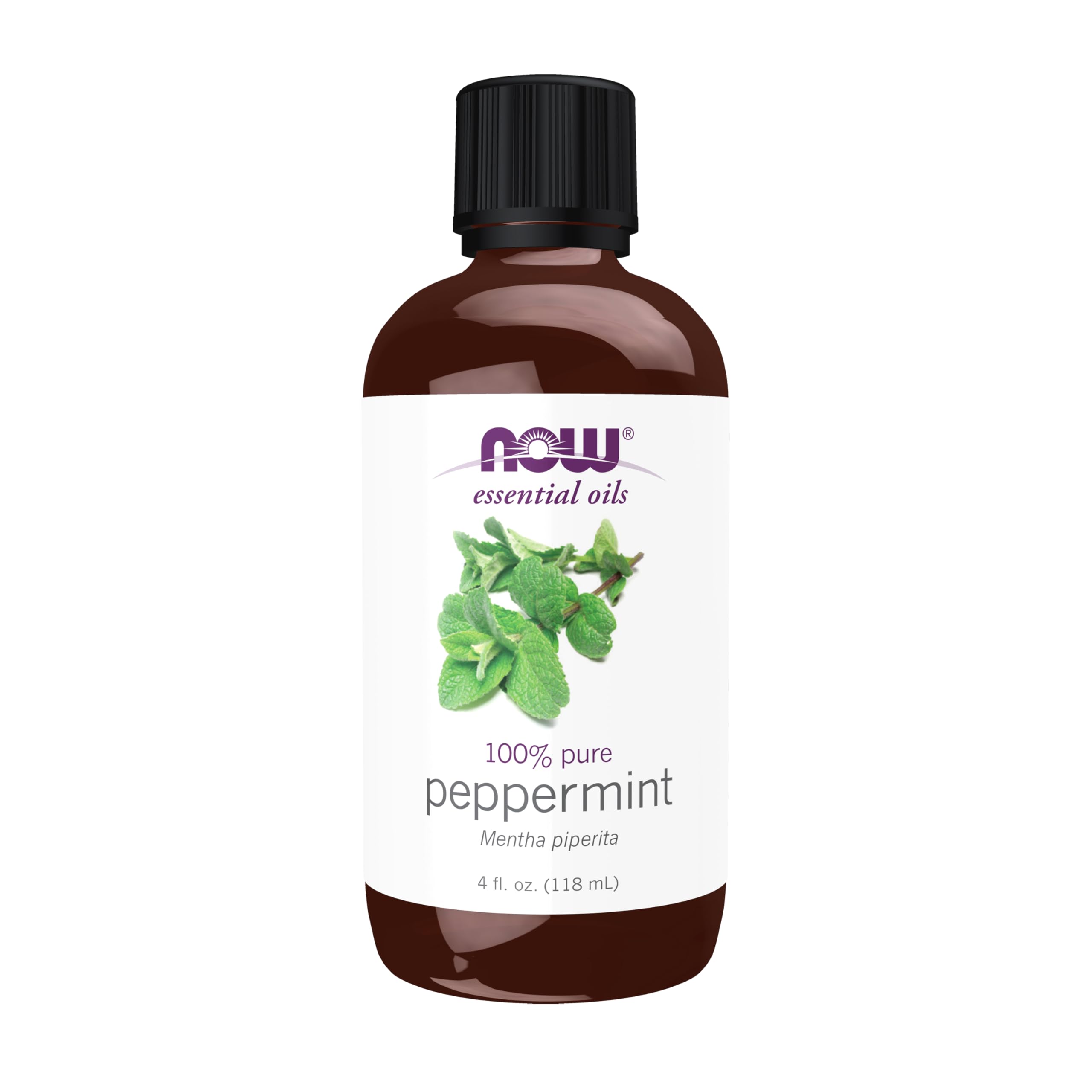 NOW Peppermint Oil frente del envase mostrando 4 oz, presentación clara y segura