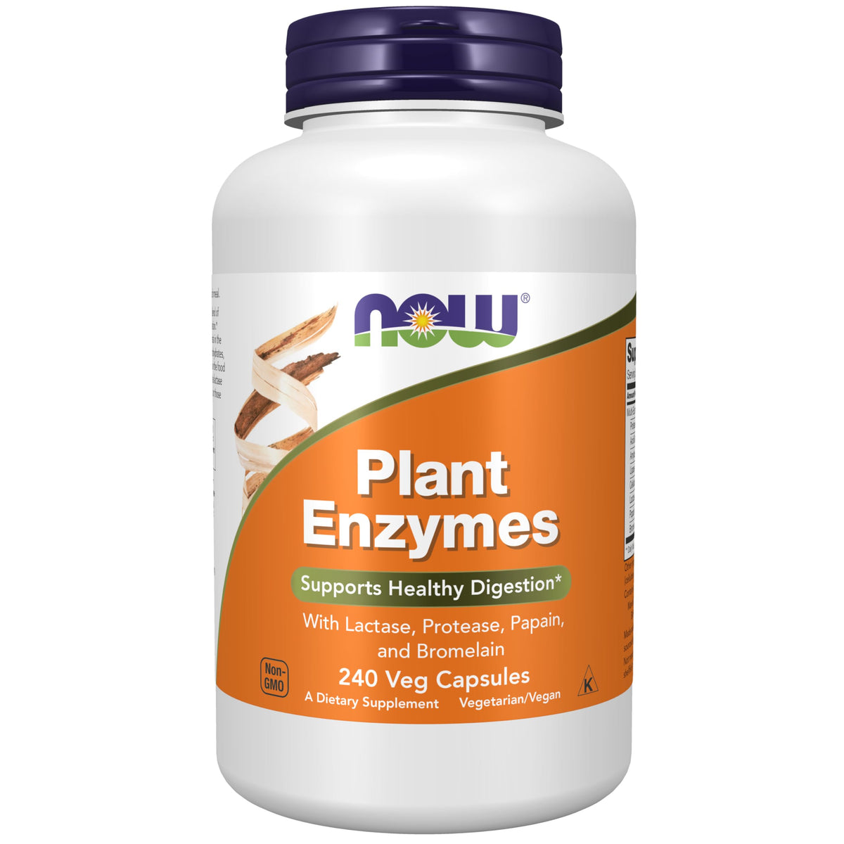 NOW Foods bote frontal mostrando 240 cápsulas veganas y beneficios de digestión