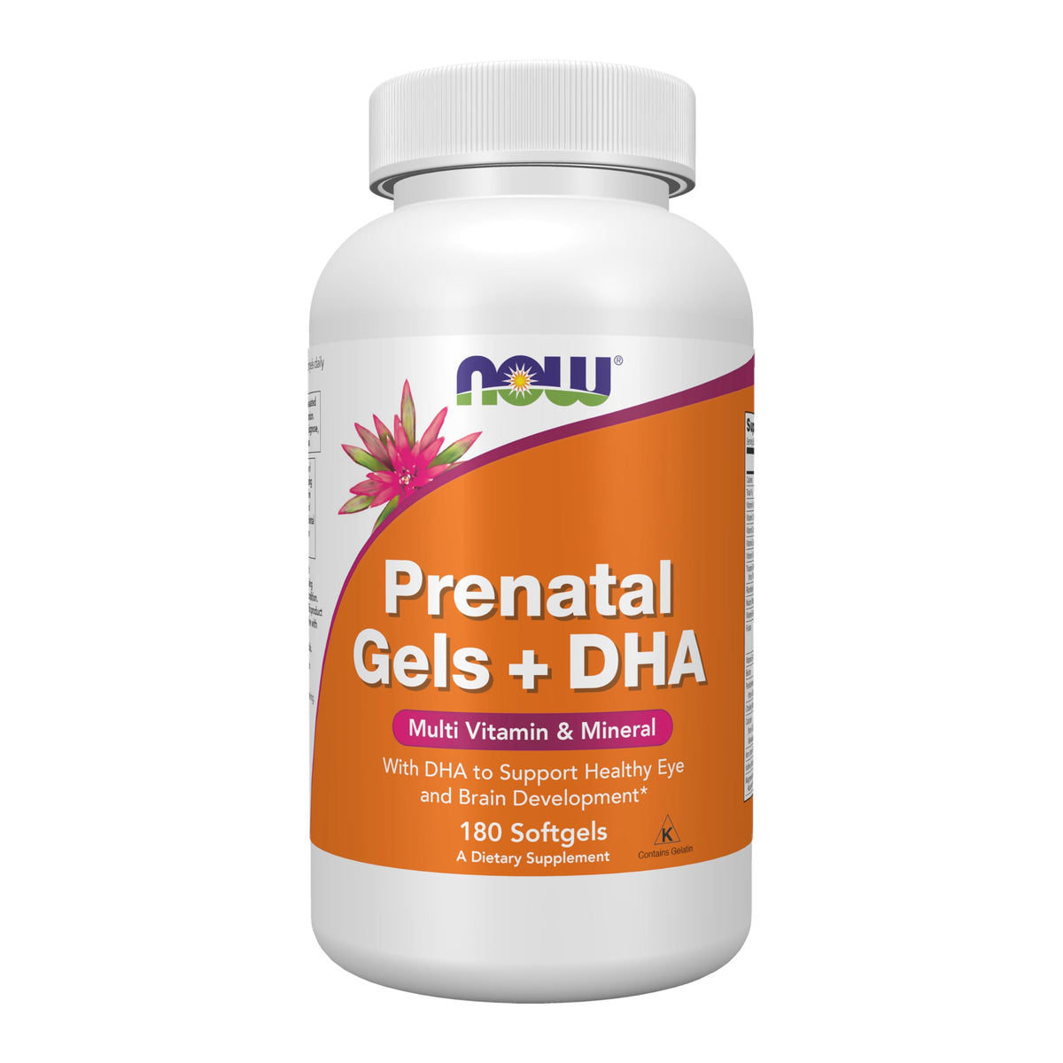 NOW Prenatal Gels frente del envase mostrando cantidad y marca, confianza de fabricación