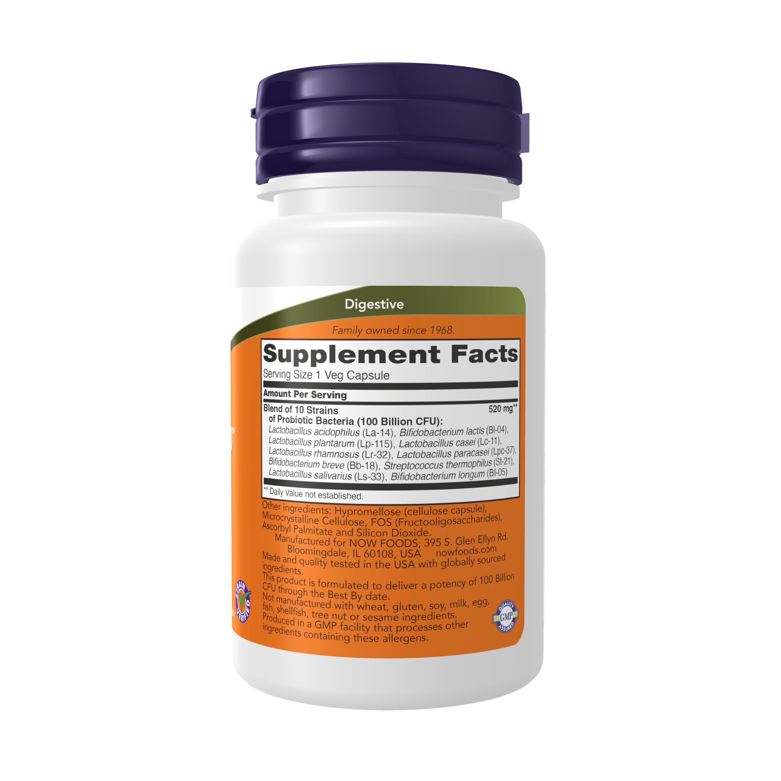 NOW Probiotic-10 detalle de cápsula vegetal que destaca facilidad de ingestión