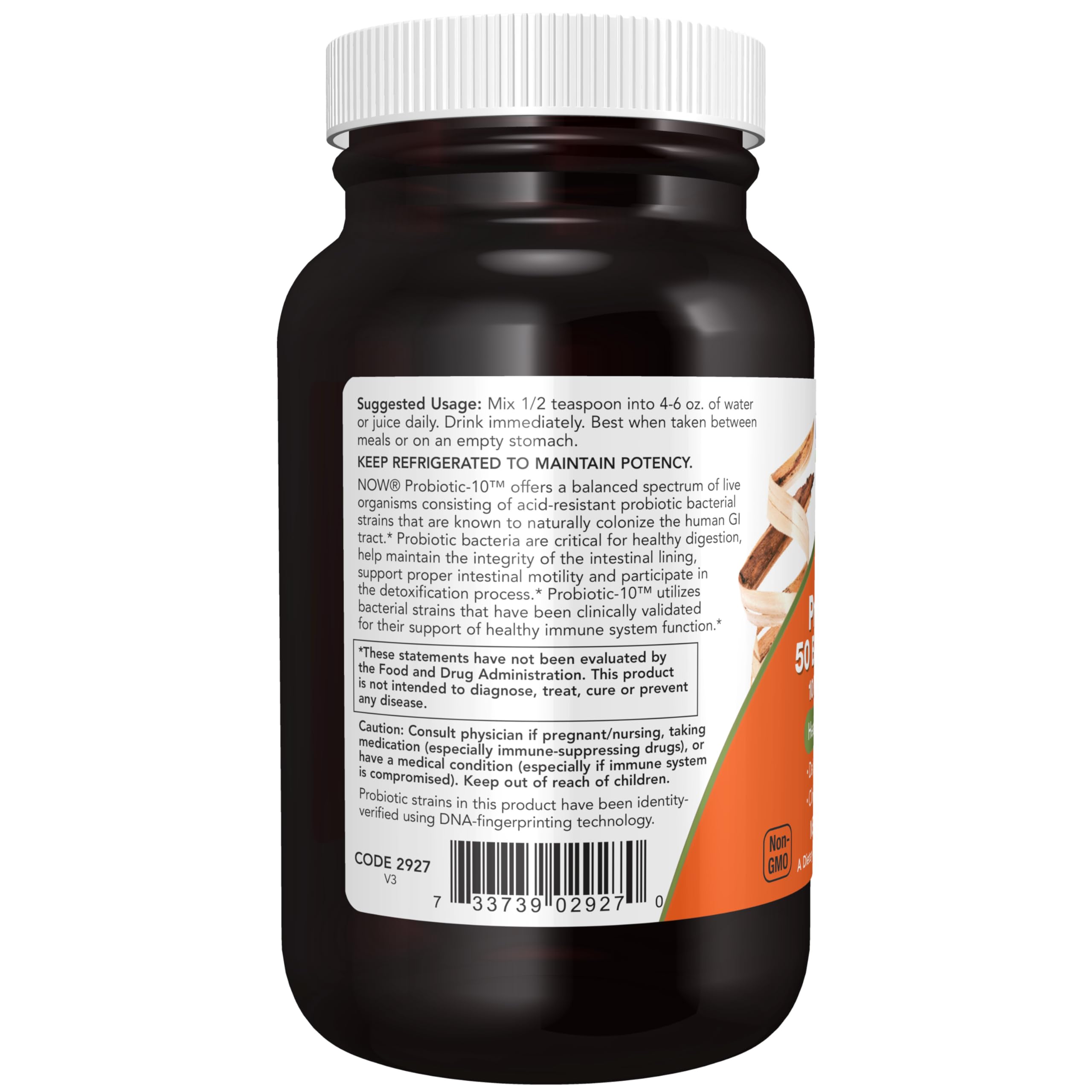 NOW Probiotic-10 etiqueta con lista de cepas y verificación genética clara