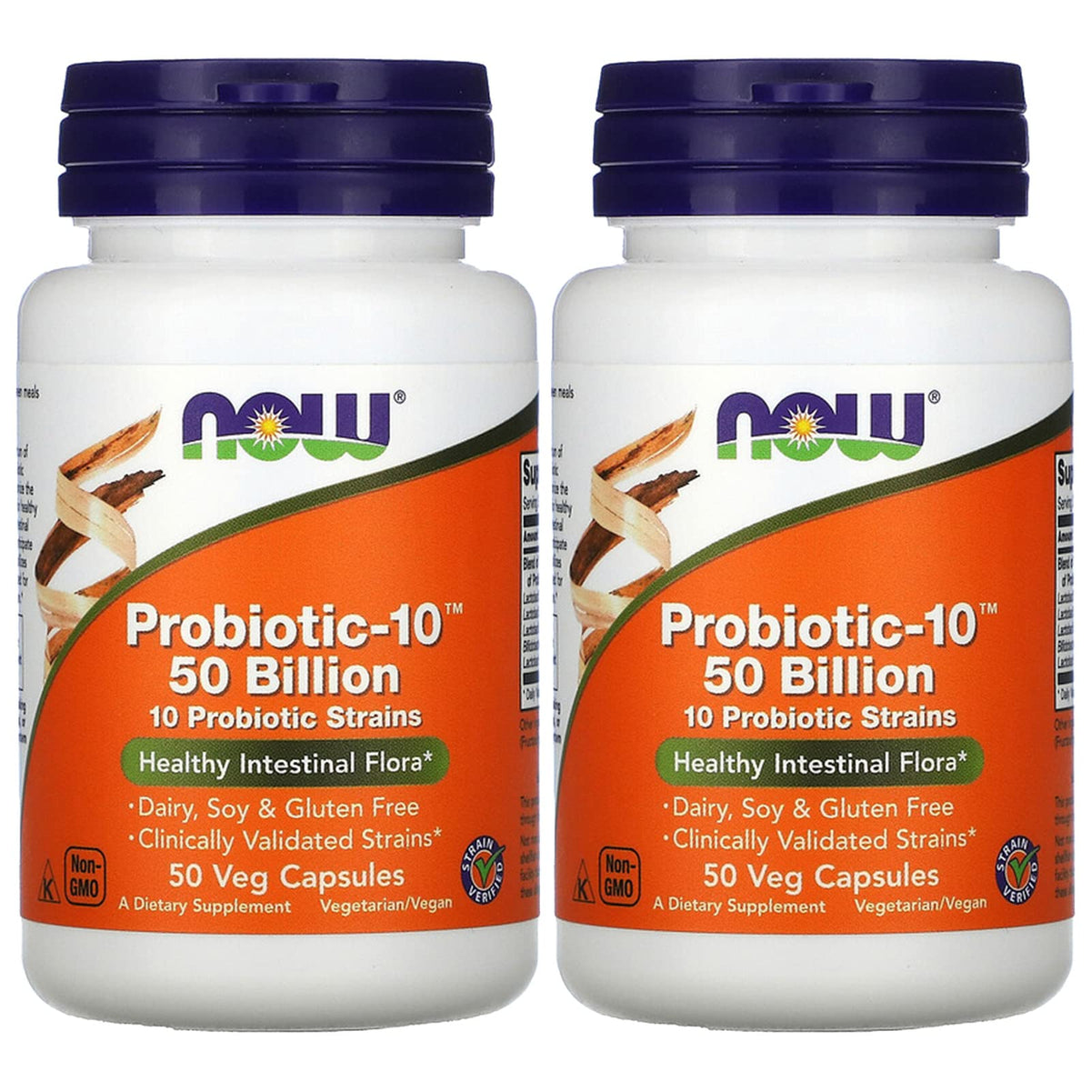 NOW Foods envase frontal Probiotic-10 mostrando etiqueta clara y beneficios