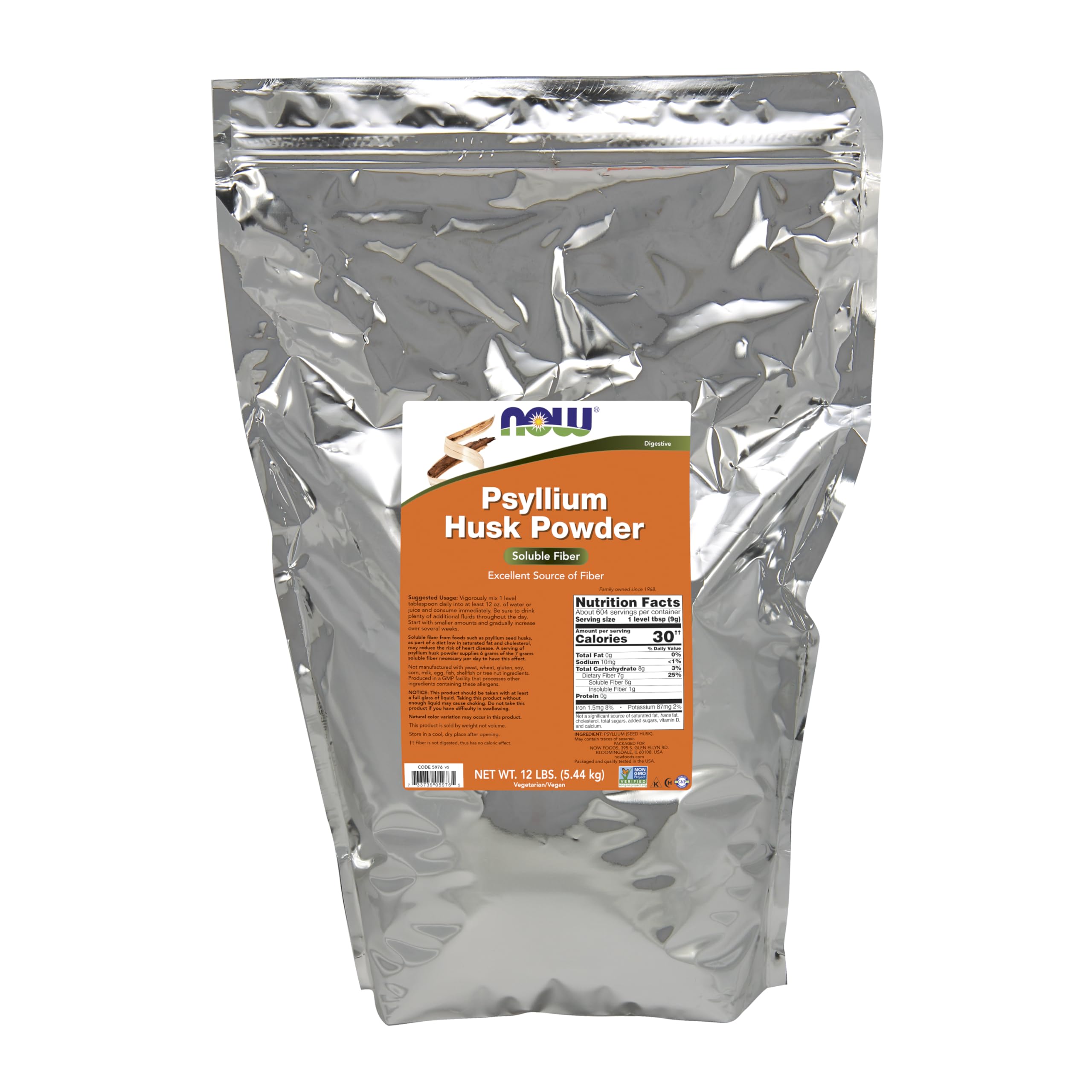 NOW Foods envase frontal grande 12 lb mostrando marca y fibra