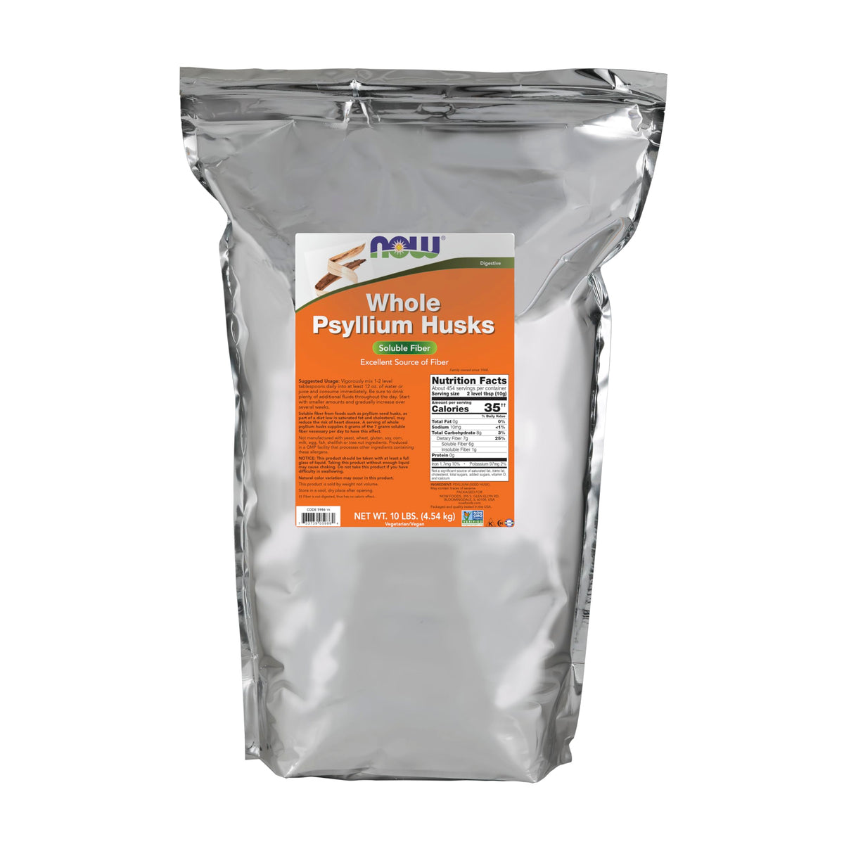 NOW Foods envase frontal de psyllium husks 10 lb con etiqueta clara y beneficios