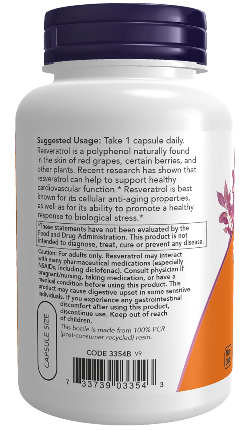 NOW Resveratrol cápsula vegetal en primer plano, fácil de tragar