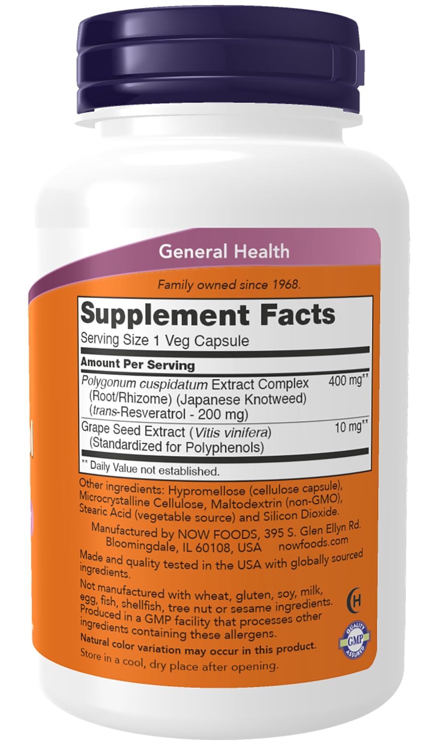 NOW Resveratrol etiqueta legible con dosis y certificaciones destacadas