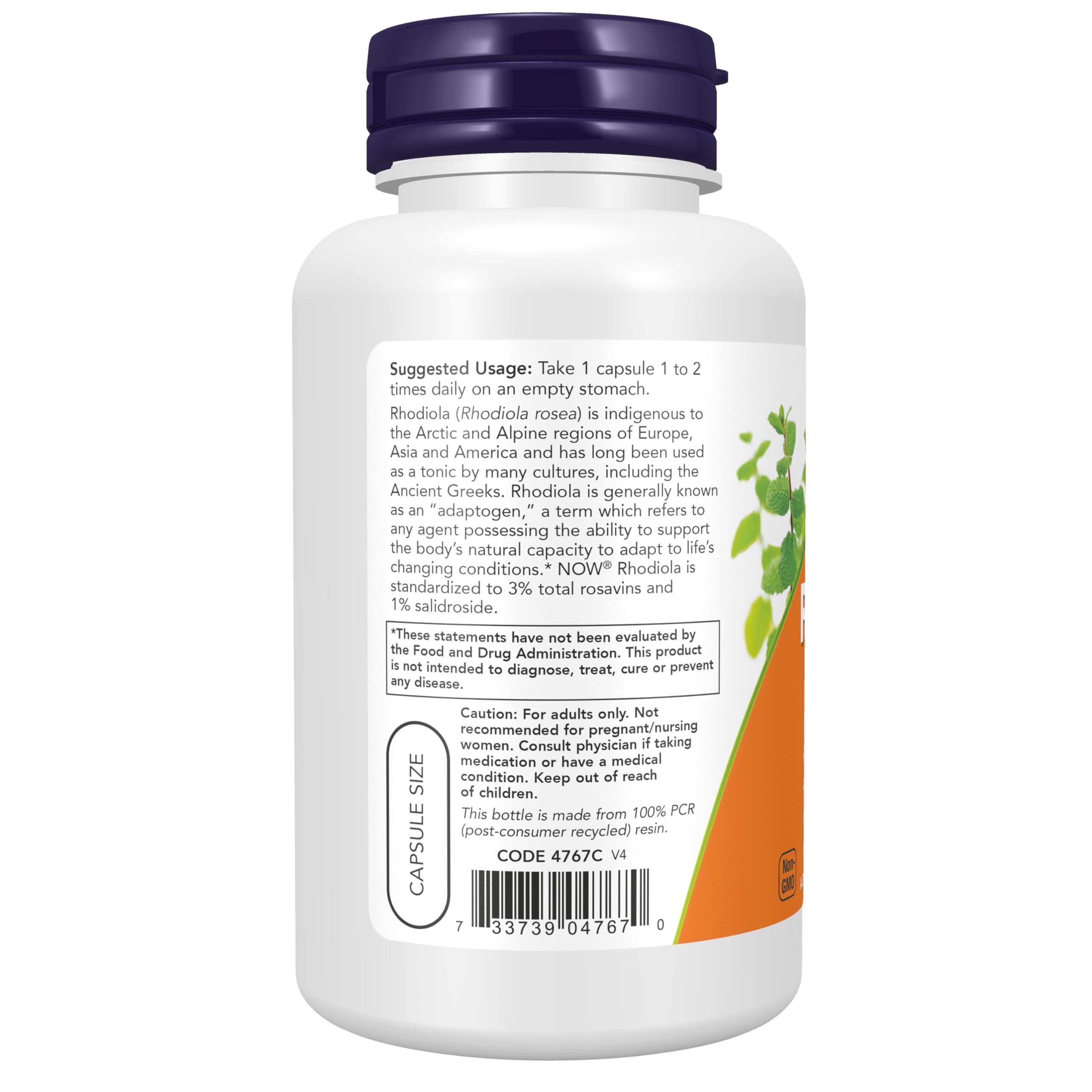 NOW Rhodiola etiqueta destacando 3% rosavinas y 1% salidrosida