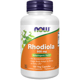 NOW Rhodiola frente del envase mostrando 120 cápsulas y certificación