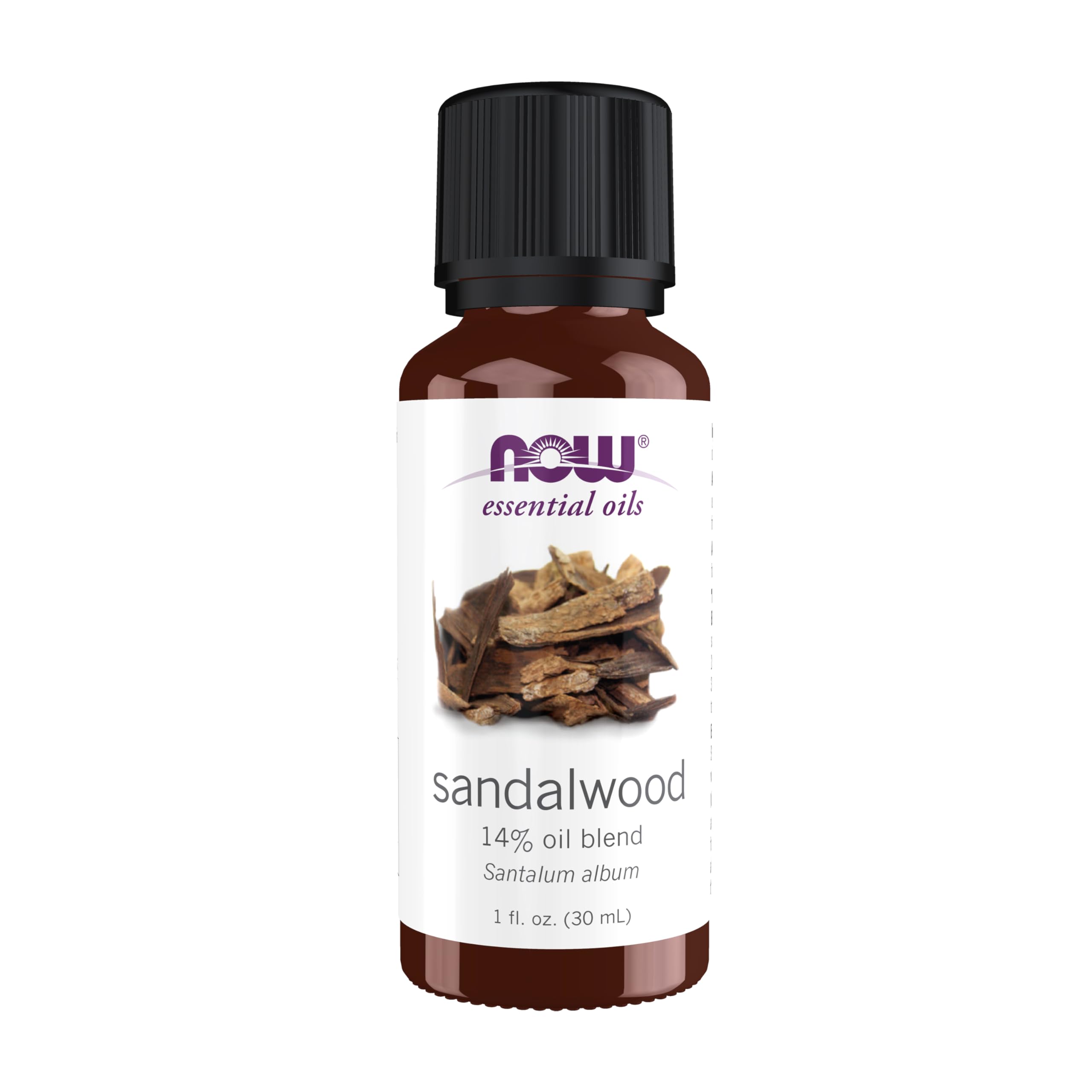 NOW Foods botella frontal mostrando mezcla de sándalo en jojoba y uso fácil