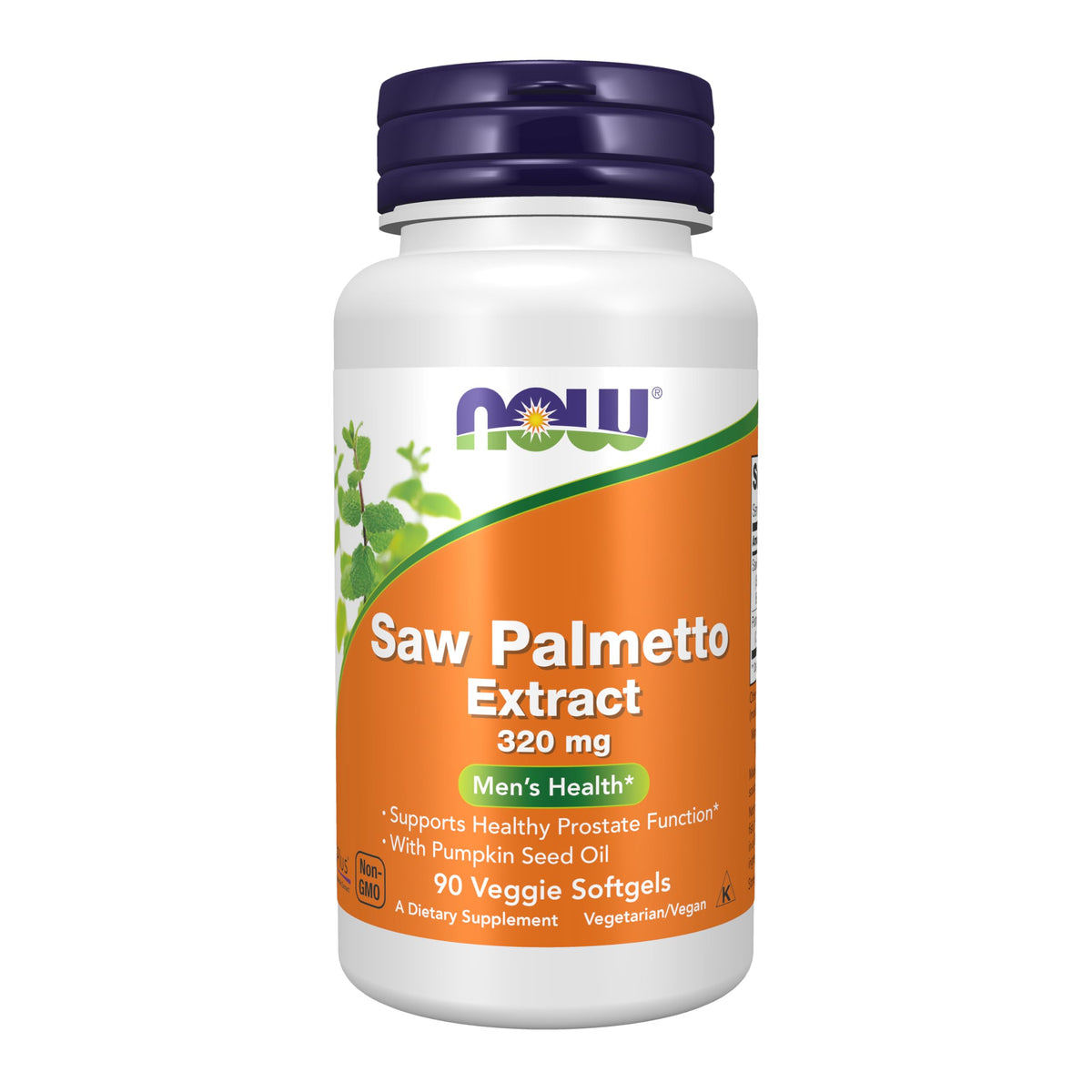 NOW Saw Palmetto envase frontal mostrando 90 veg softgels y certificaciones
