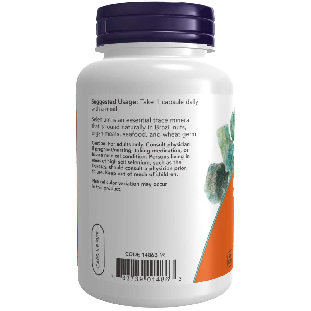 NOW Foods etiqueta con información nutricional y concentración de 200 mcg por cápsula