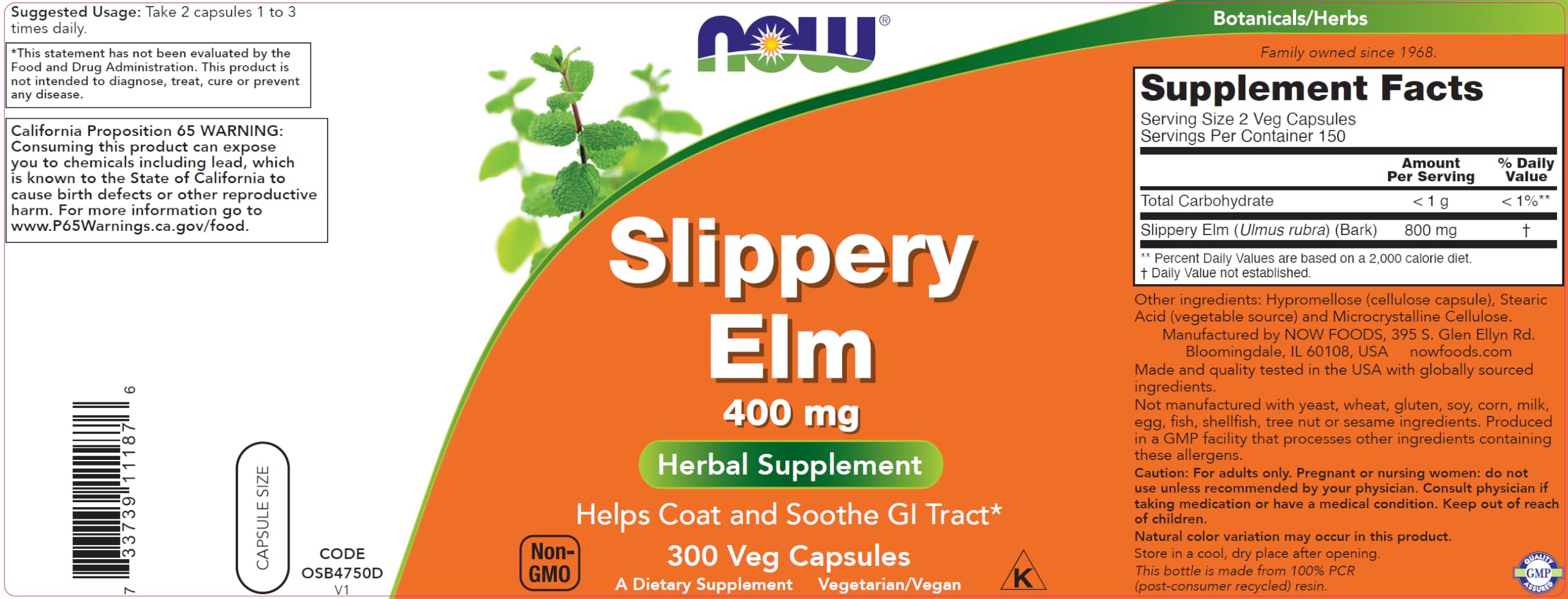 NOW Slippery Elm etiqueta con certificados Vegetarian Vegan Kosher Non-GMO