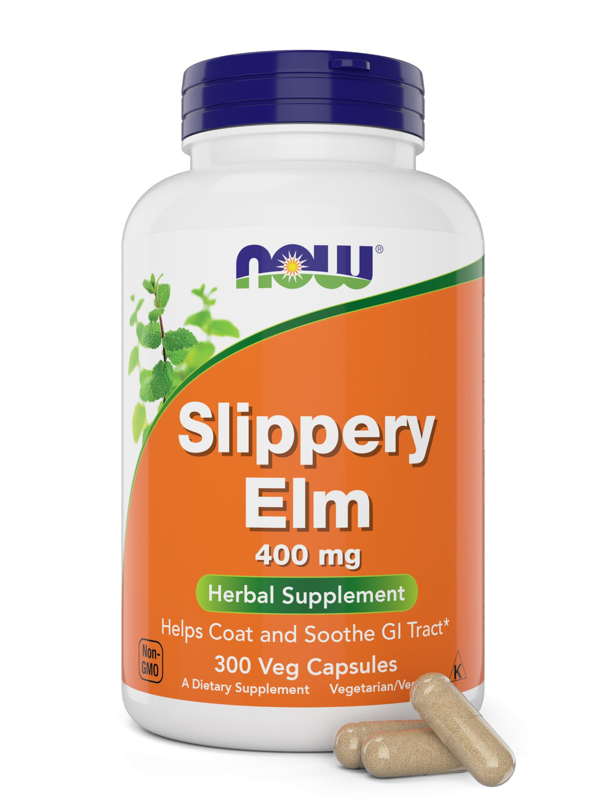 NOW Slippery Elm frasco frontal mostrando etiqueta y beneficios