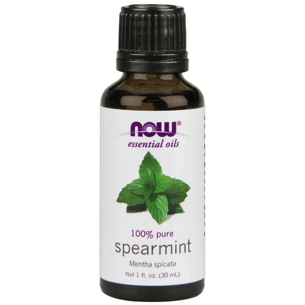 NOW Spearmint Oil frasco frontal mostrando etiqueta y pureza para compra segura