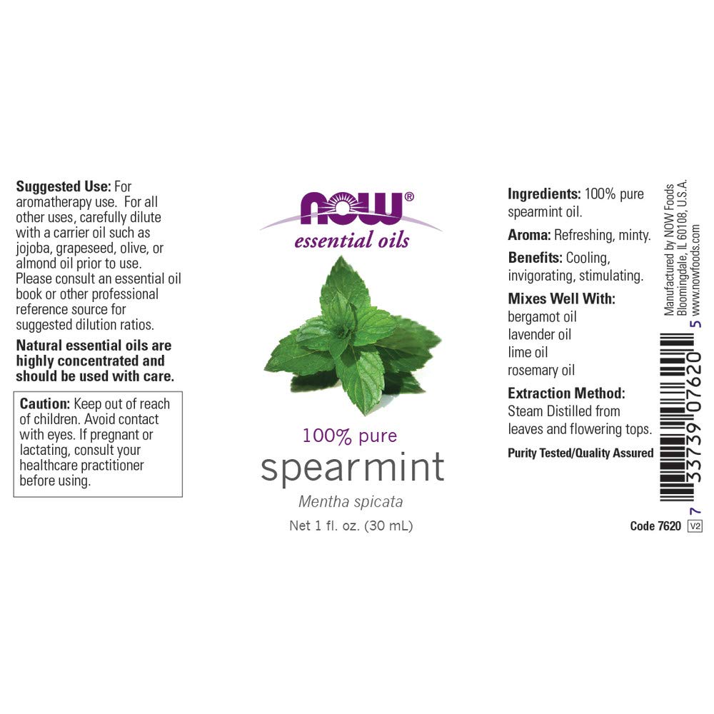 NOW Spearmint Oil detalle del frasco y gotero que facilita dosificar con precisión