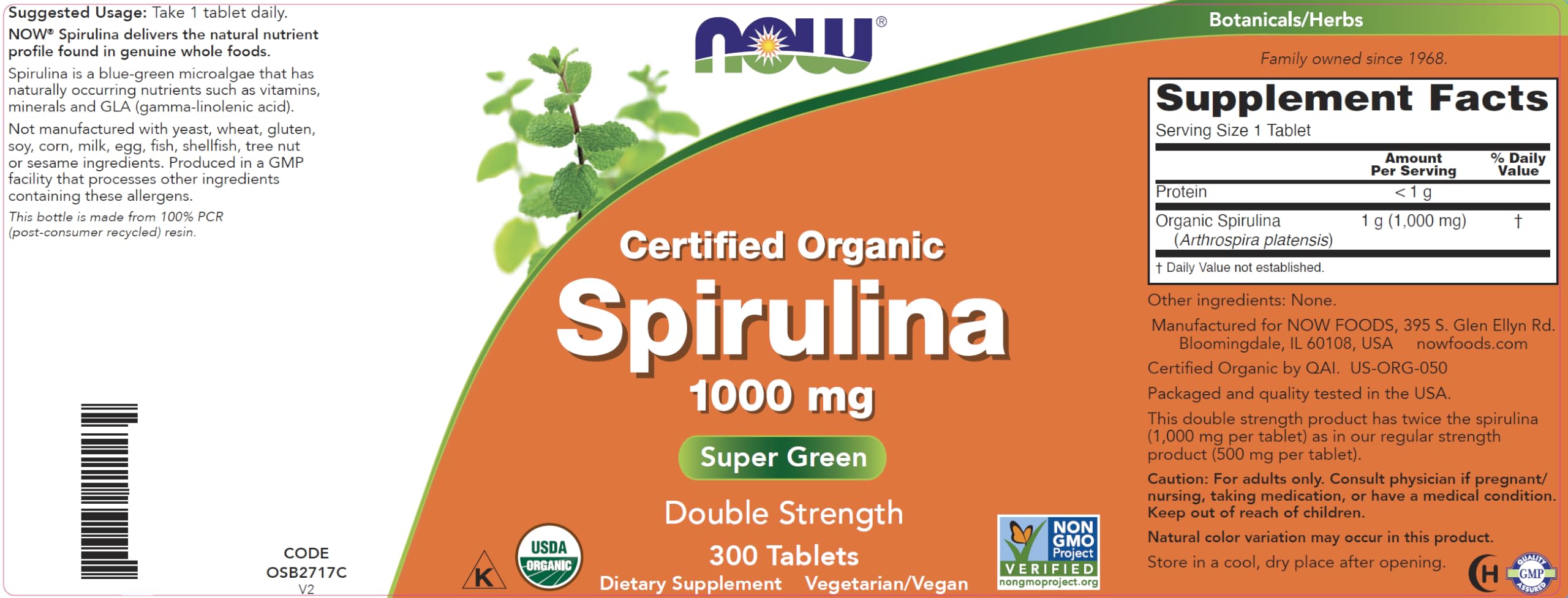 NOW Foods etiqueta con certificaciones orgánicas Non-GMO y kosher visibles
