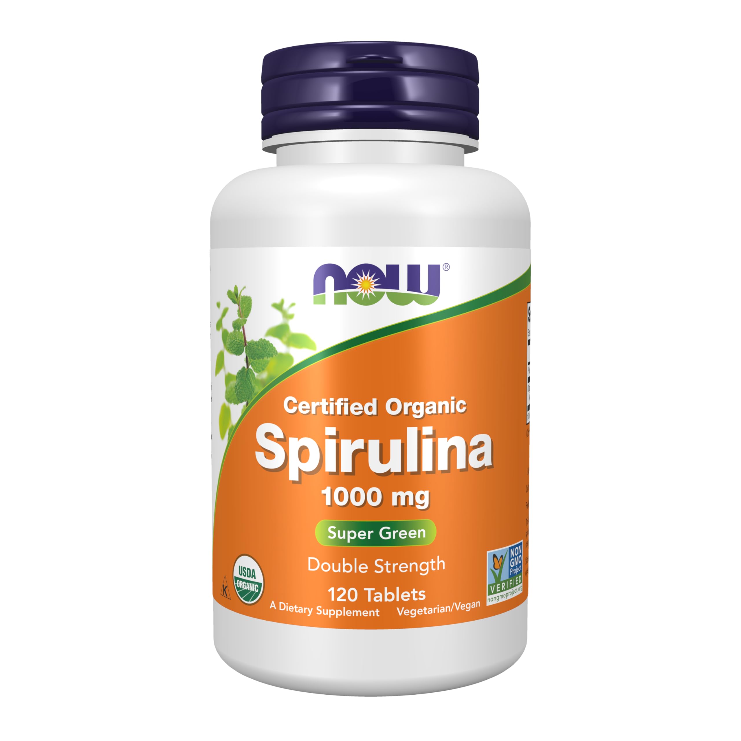 NOW Foods envase frontal de spirulina doble fuerza, presenta confianza y pureza