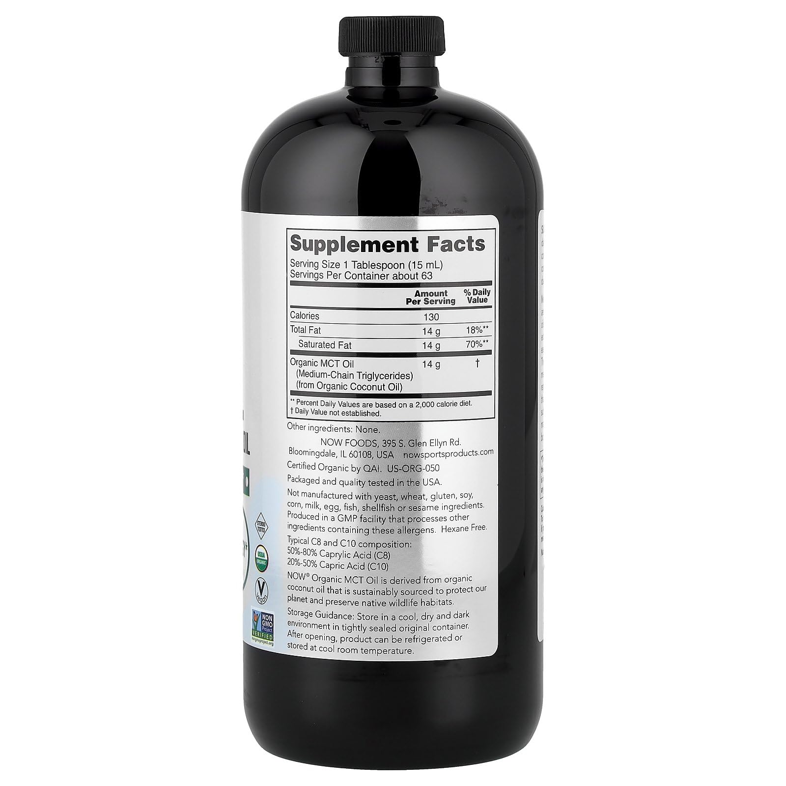 NOW Foods botella MCT junto a una taza para comparar tamaño y porciones
