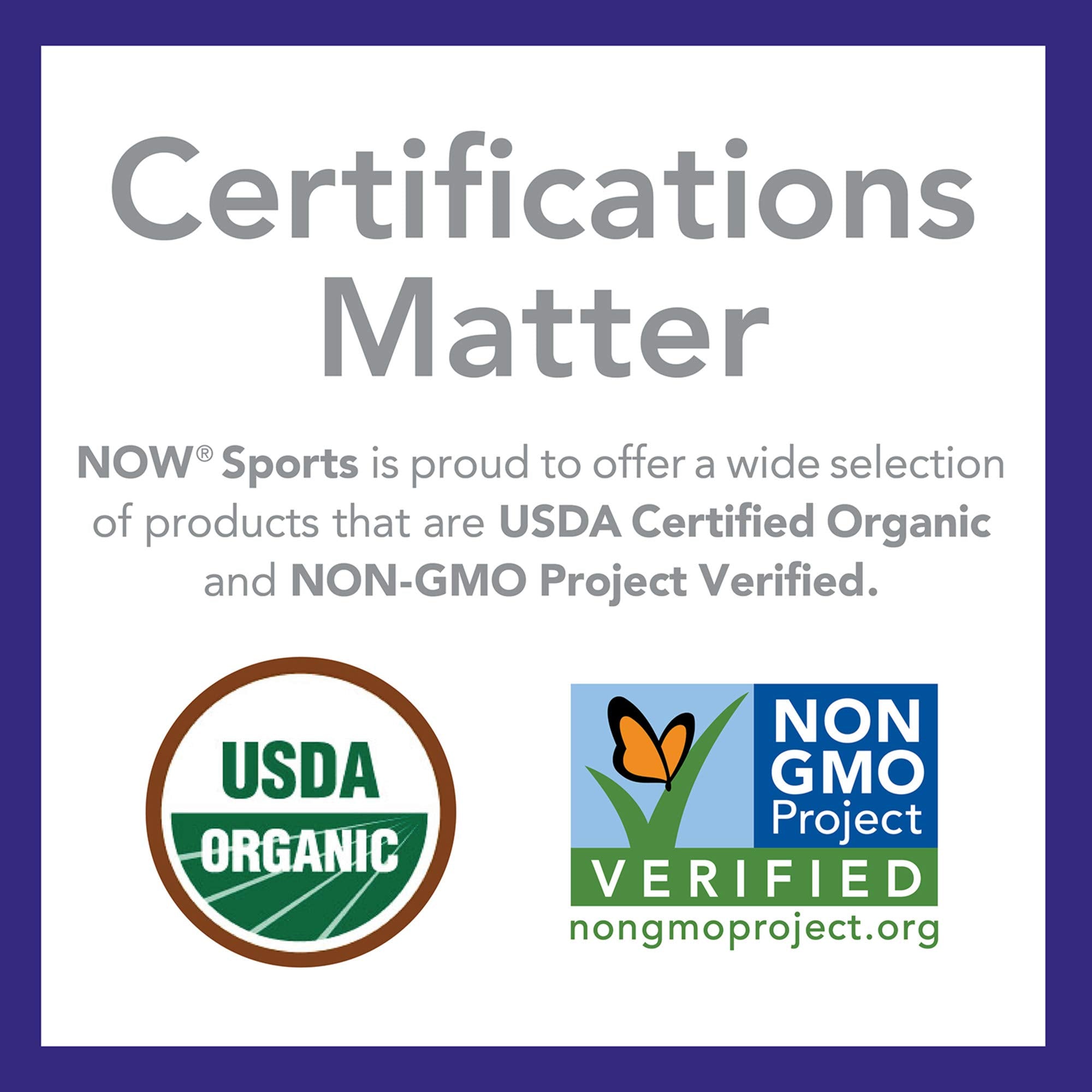 NOW Foods primer plano de la etiqueta mostrando certificación GMP y orgánico