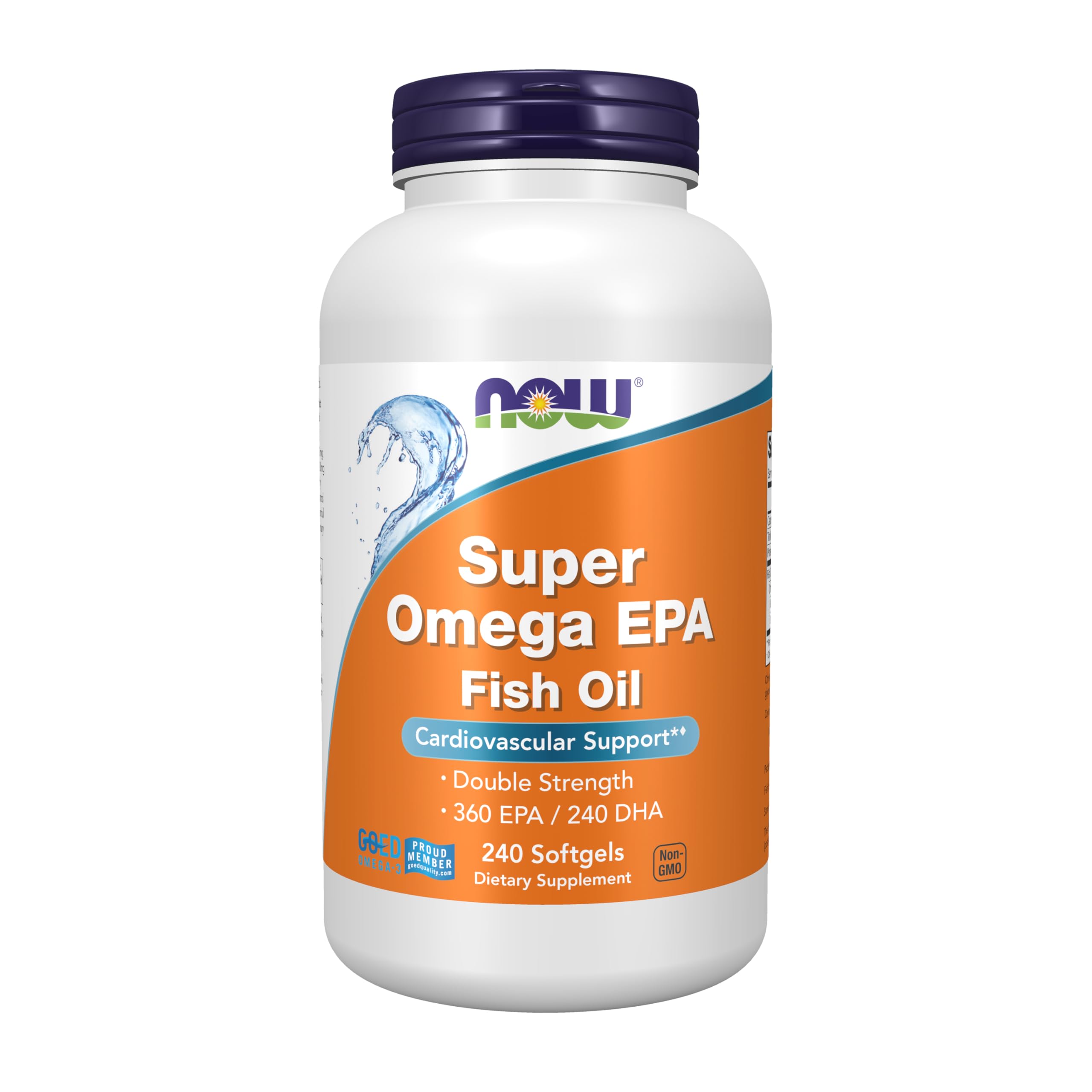 NOW Super Omega EPA vista frontal del envase con 240 cápsulas, confianza en calidad