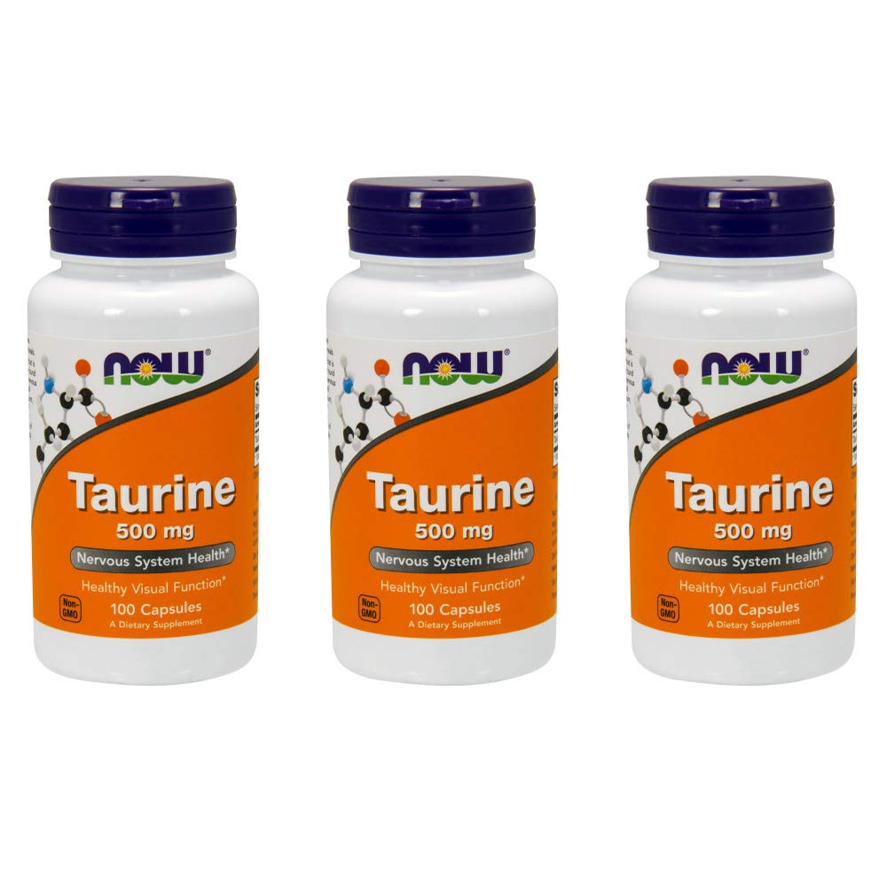 NOW Taurine frasco frontal mostrando el pack de 3 y la etiqueta clara, ideal para almacenamiento prolongado