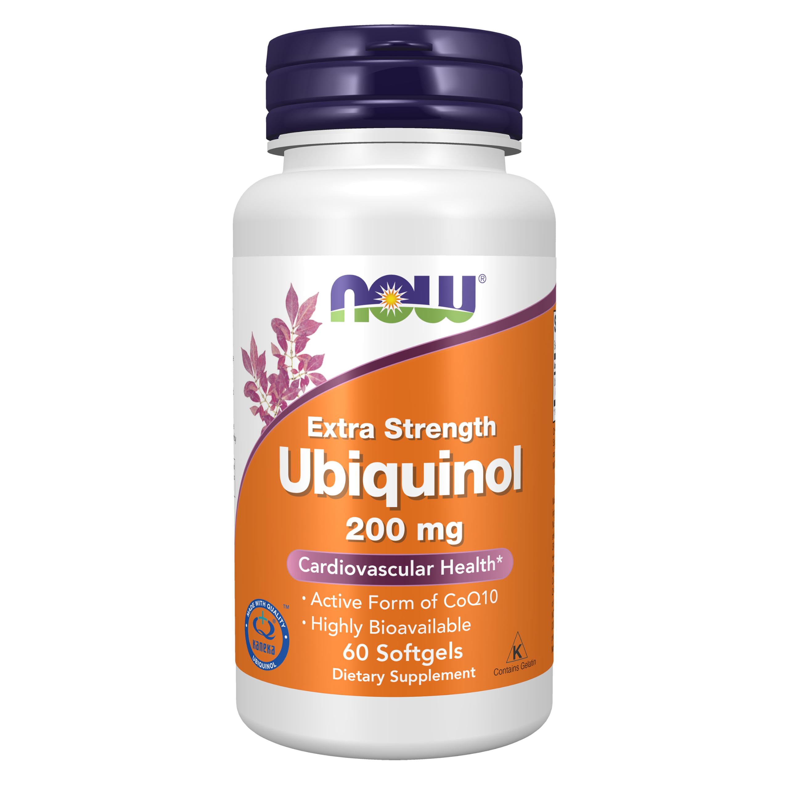 NOW Foods frasco frontal de Ubiquinol 200 mg con 60 cápsulas, envase claro y legible