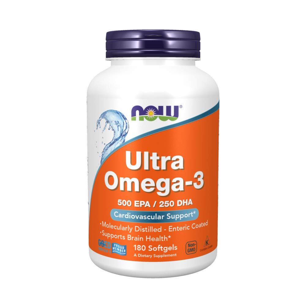 NOW Foods frasco frente que muestra 180 softgels y conveniencia diaria