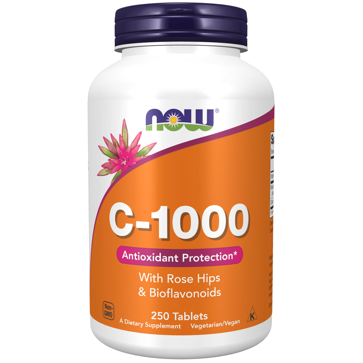 NOW Vitamin C-1000 envase frontal que muestra la dosis y certificaciones, fácil identificación