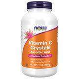 NOW Foods envase frontal de cristales de vitamina C mostrando tamaño y presentación beneficios prácticos