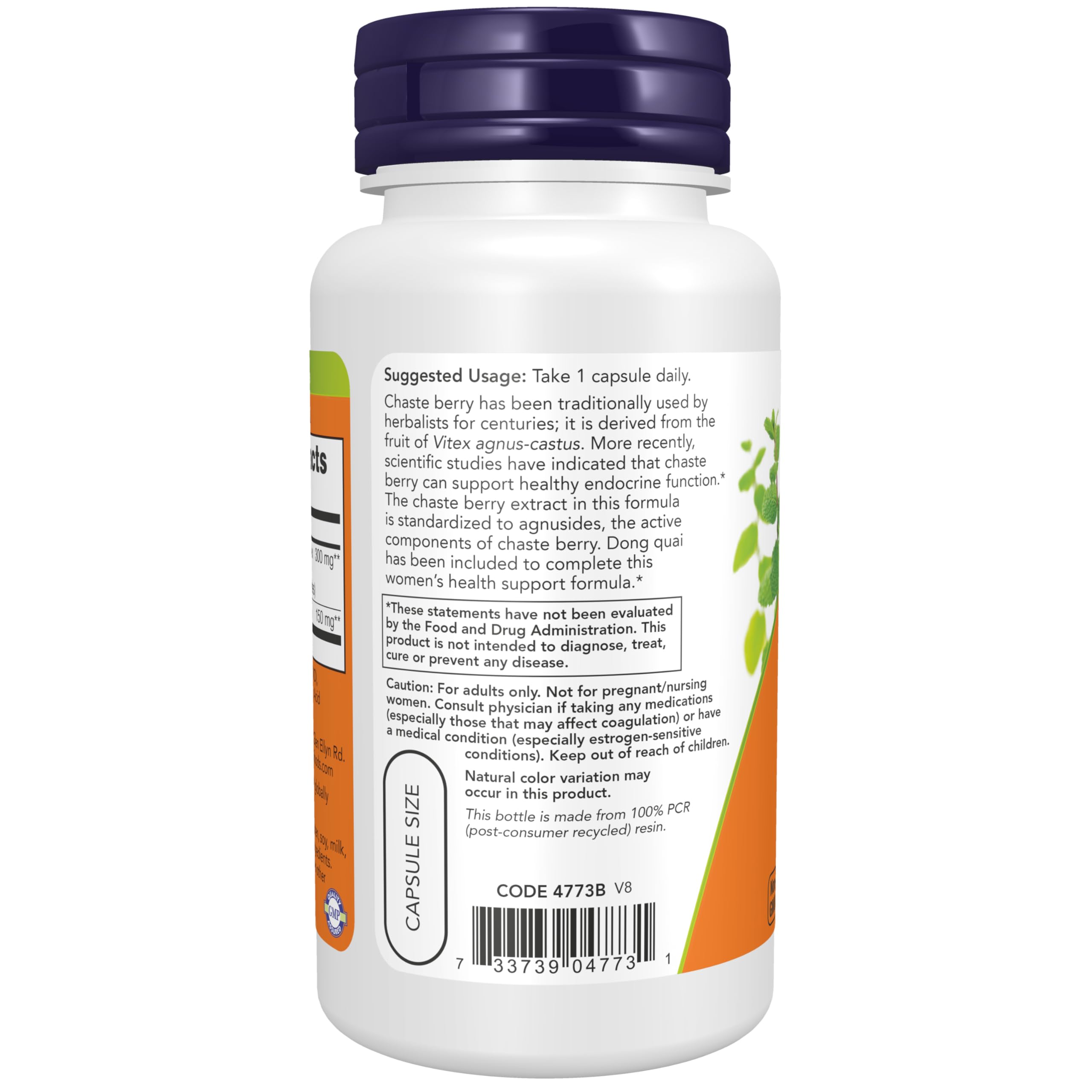 Cápsula vegetal de NOW Vitex en primer plano, fácil ingestión y apta para vegetarianos