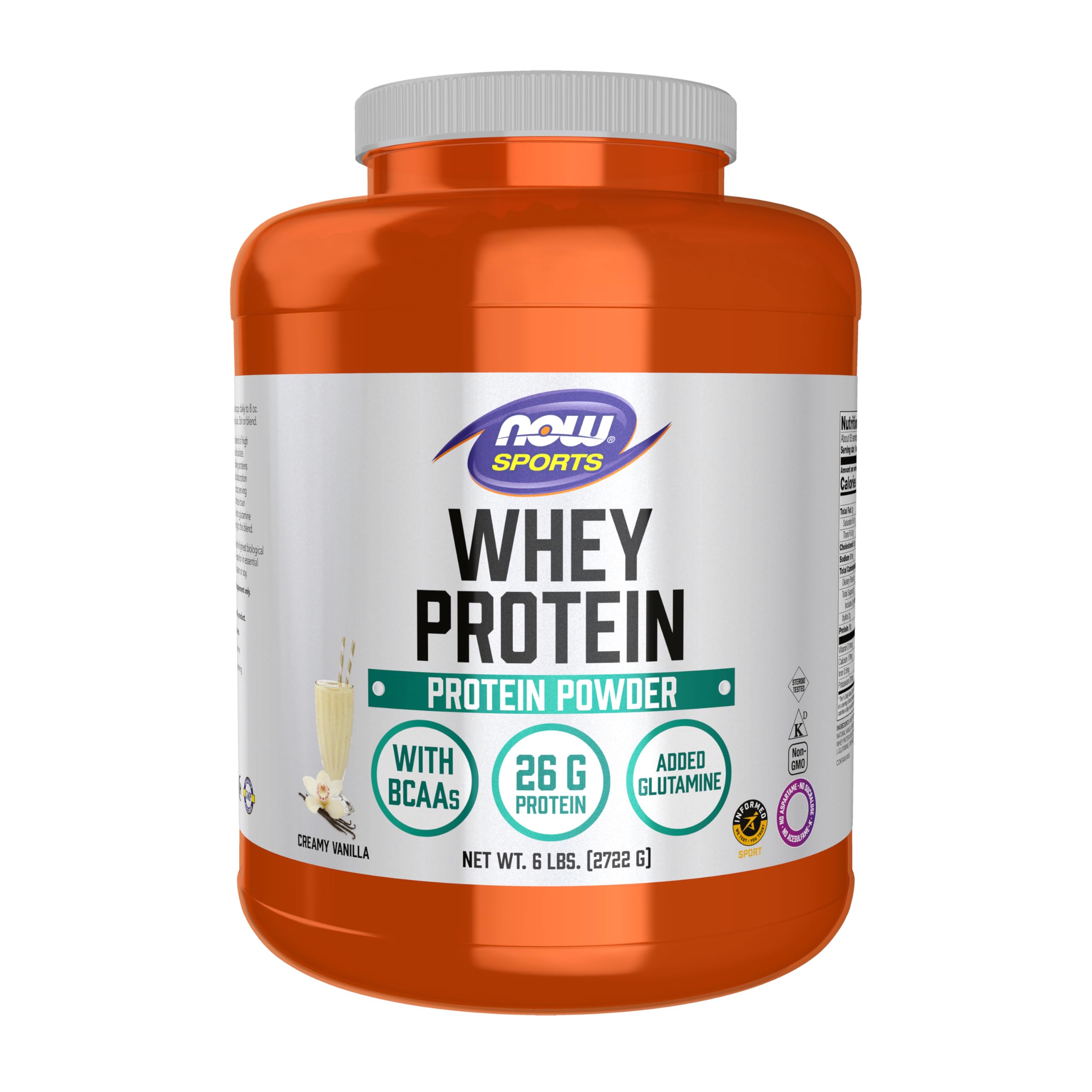 NOW Whey Protein envase frontal mostrando etiqueta y tamaño 6 lb, confianza NOW