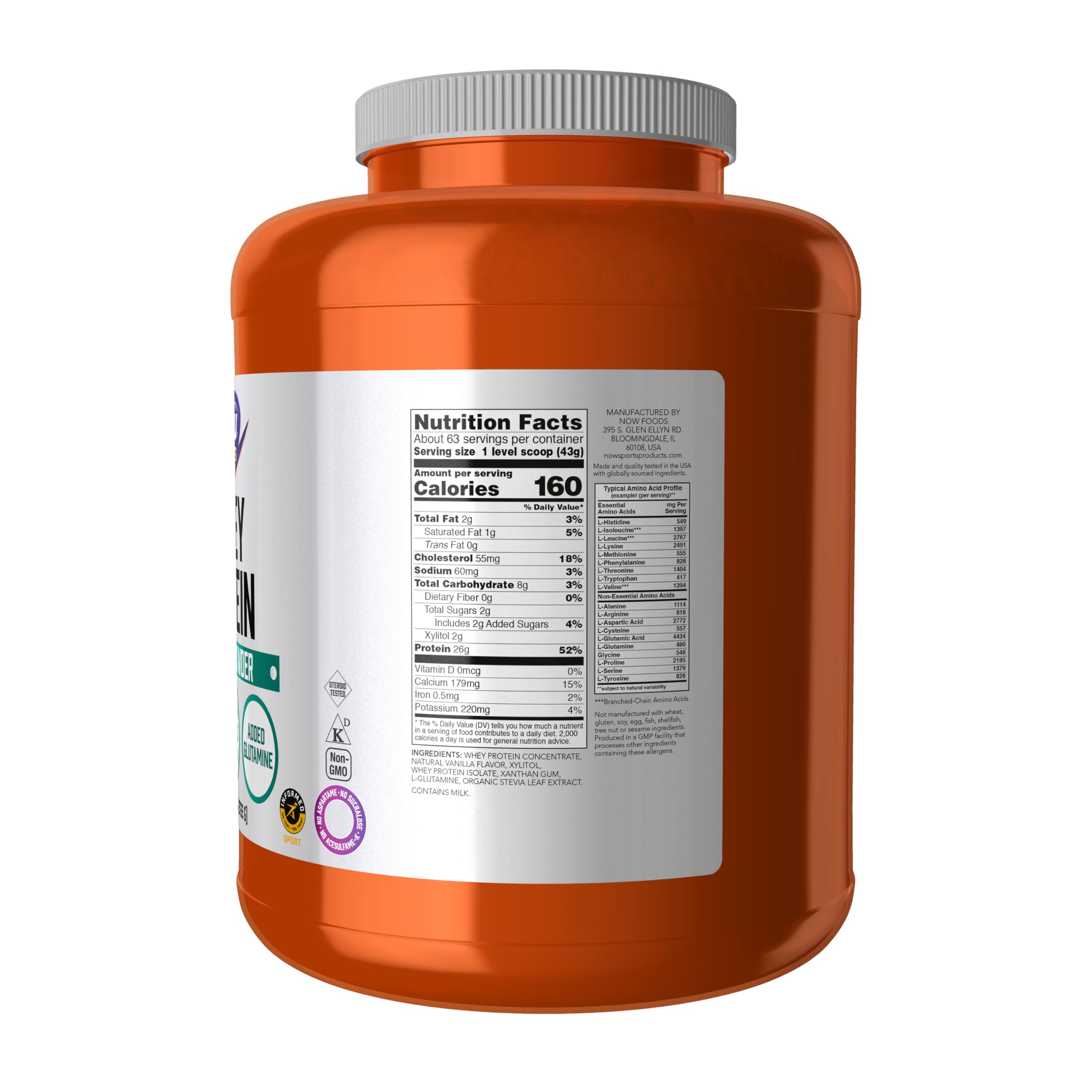 Detalle del polvo de NOW Whey Protein con textura cremosa, mezcla fácil de disolver