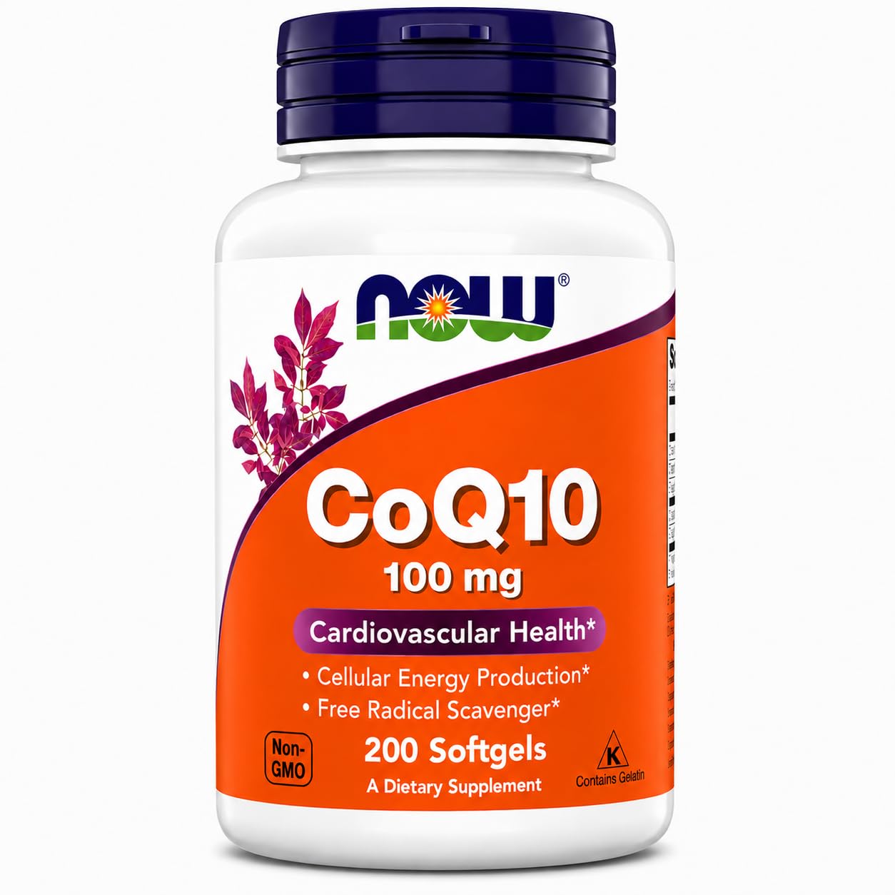 NOW Foods empaque frontal del suplemento CoQ10 mostrando etiqueta clara y beneficio