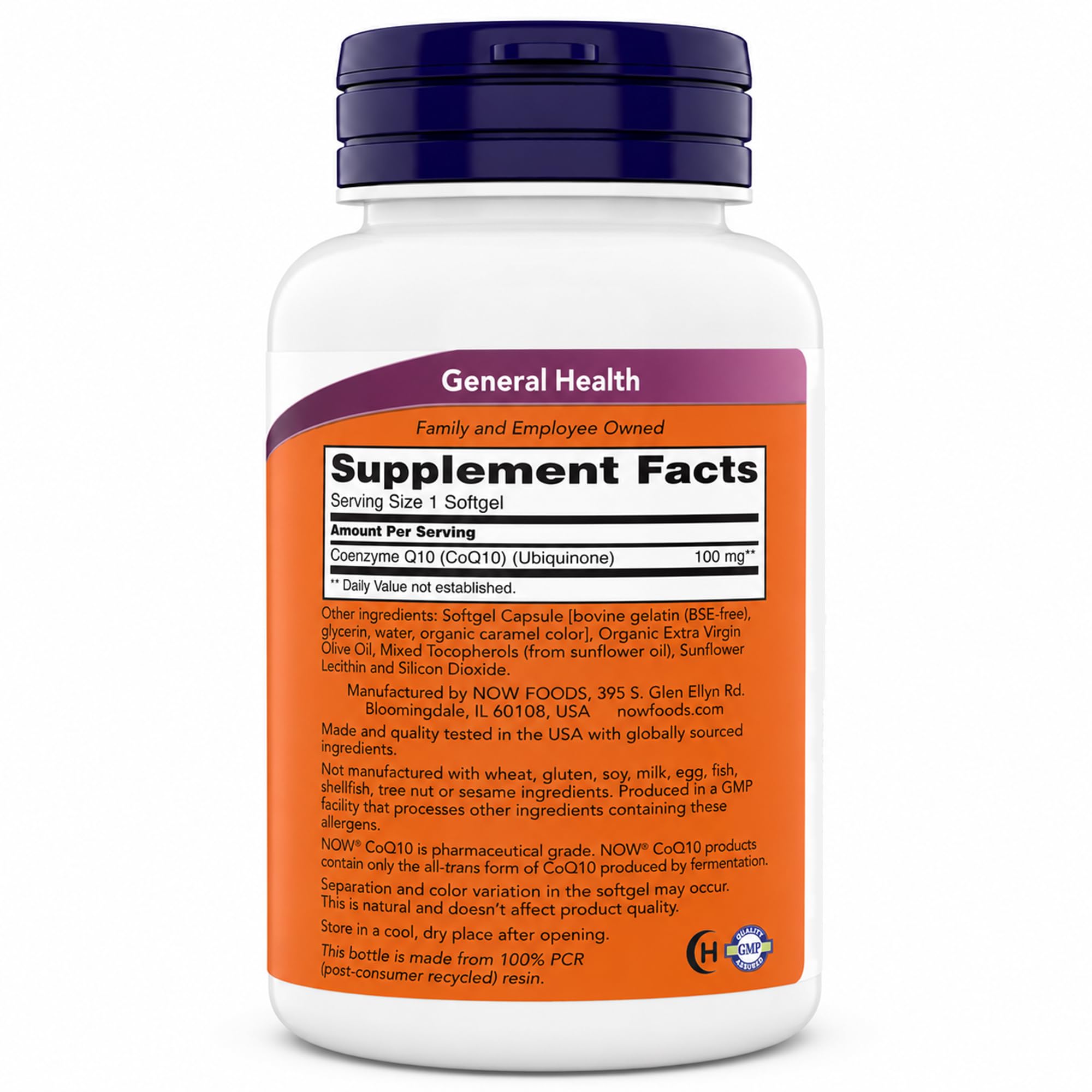 NOW Foods primer plano de textura del softgel CoQ10 que destaca pureza y estabilidad