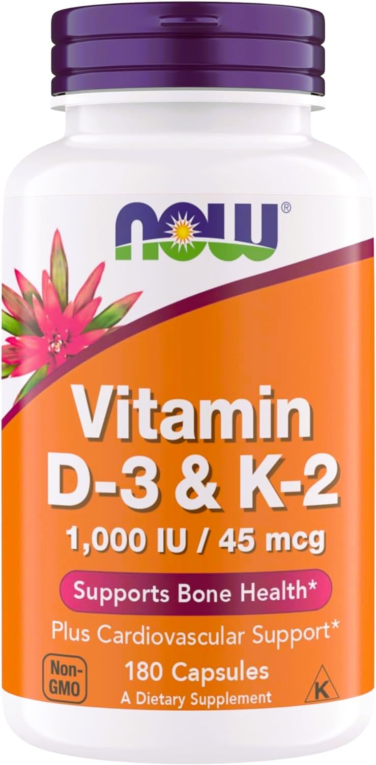 NOW Foods envase frontal mostrando D3+K2 y 180 cápsulas para confianza