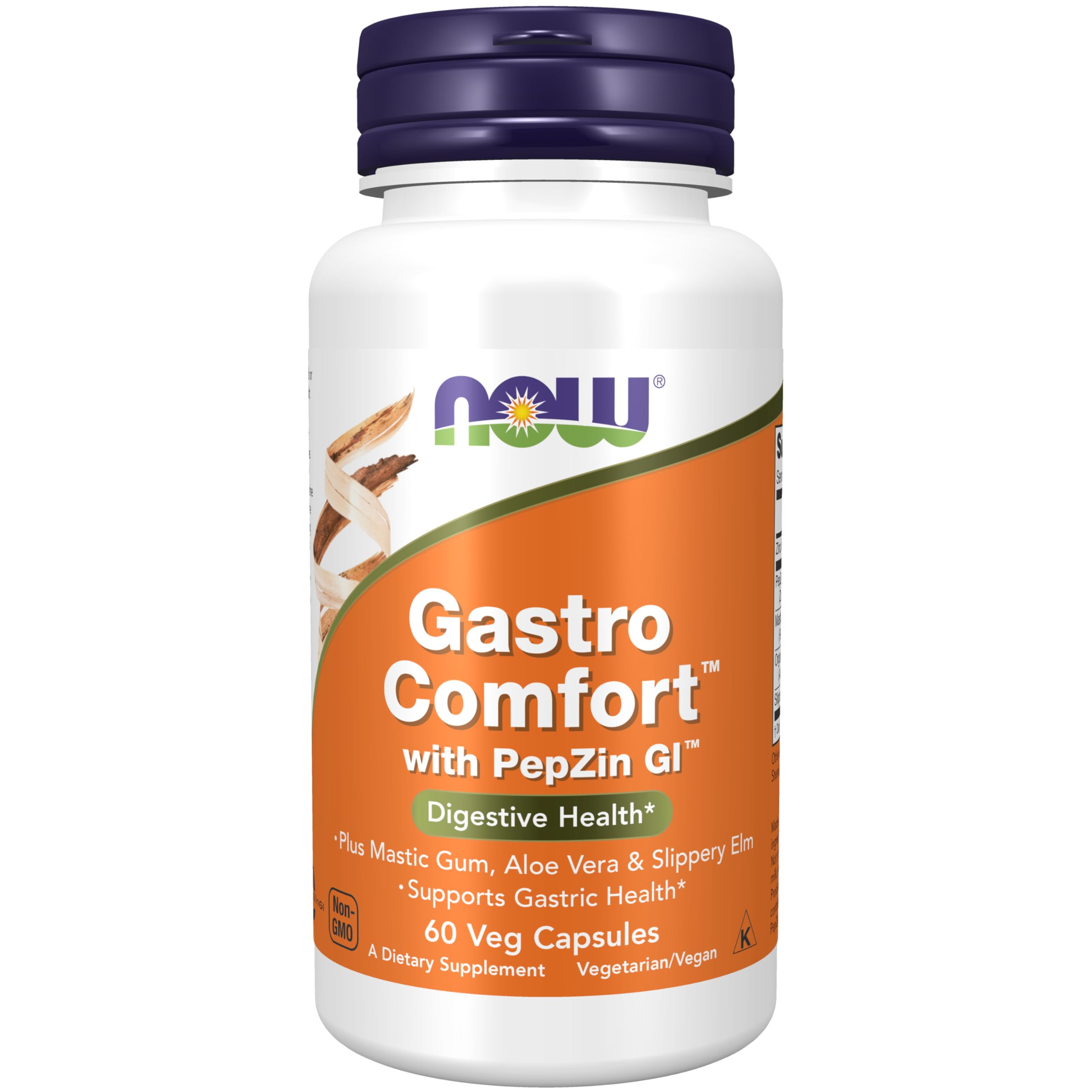 NOW Foods envase frontal de Gastro Comfort mostrando cápsulas y beneficios