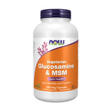 NOW Foods frasco delantero de glucosamina y MSM, clara identificación vegana y beneficio de conveniencia